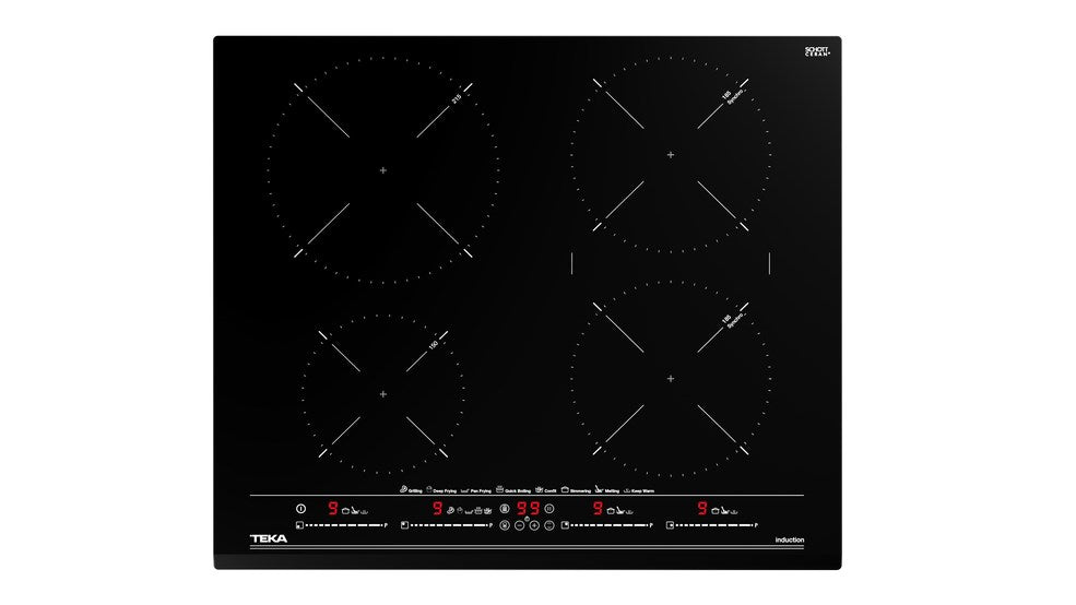 Placa de inducción negra con cuatro zonas de cocción y panel táctil.