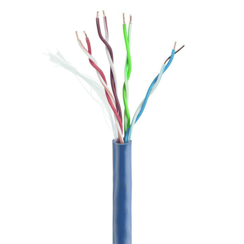 Un cable de red azul con cuatro pares de cables de colores destorcidos sobre fondo blanco.