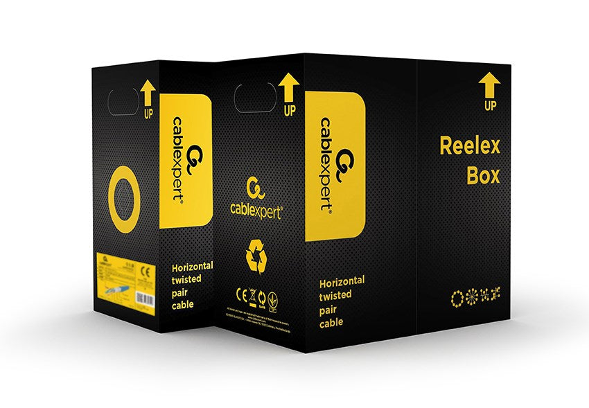Dos cajas Cablexpert Reelex negras y amarillas para cables de pares trenzados sobre una superficie blanca.