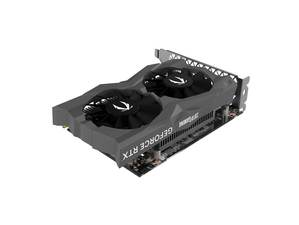 Czarna karta graficzna Zotac Gaming GeForce RTX z dwoma wentylatorami na białym tle.