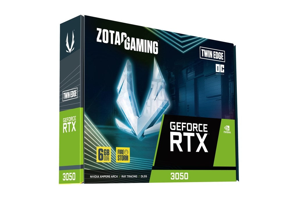 Pudełko karty graficznej Zotac Gaming GeForce RTX 3050 z białym logo i zielono-czarnym designem na białym tle.