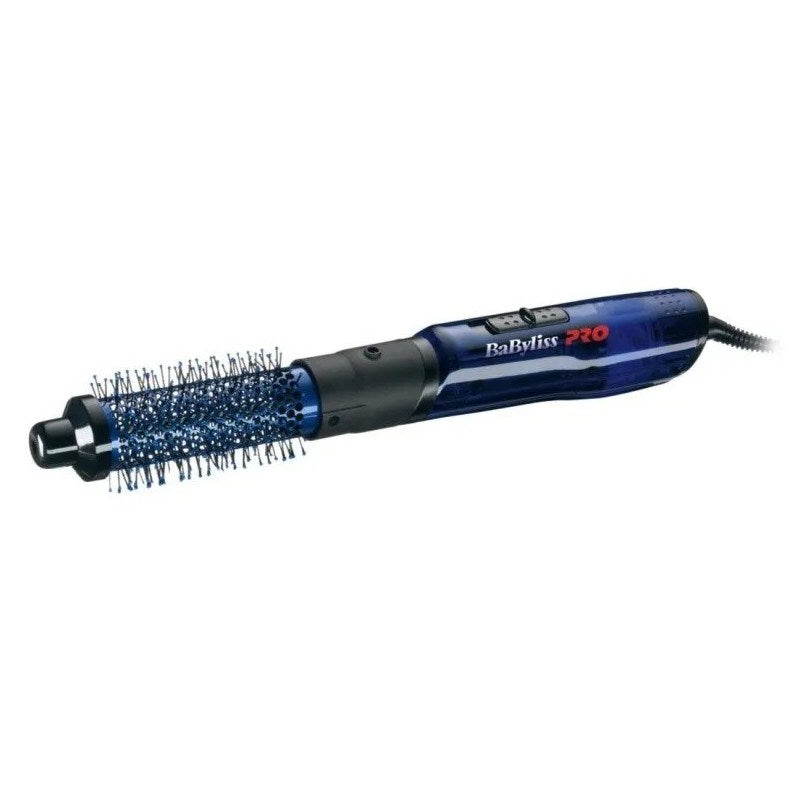 Un styler ad aria calda BaByliss PRO blu e nero con spazzola tonda, mostrato orizzontalmente su sfondo bianco.