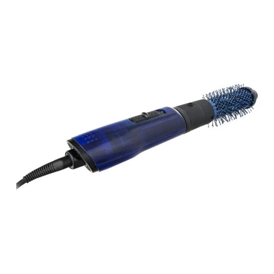 Una spazzola per capelli elettrica blu e nera con cavo di alimentazione su sfondo bianco.