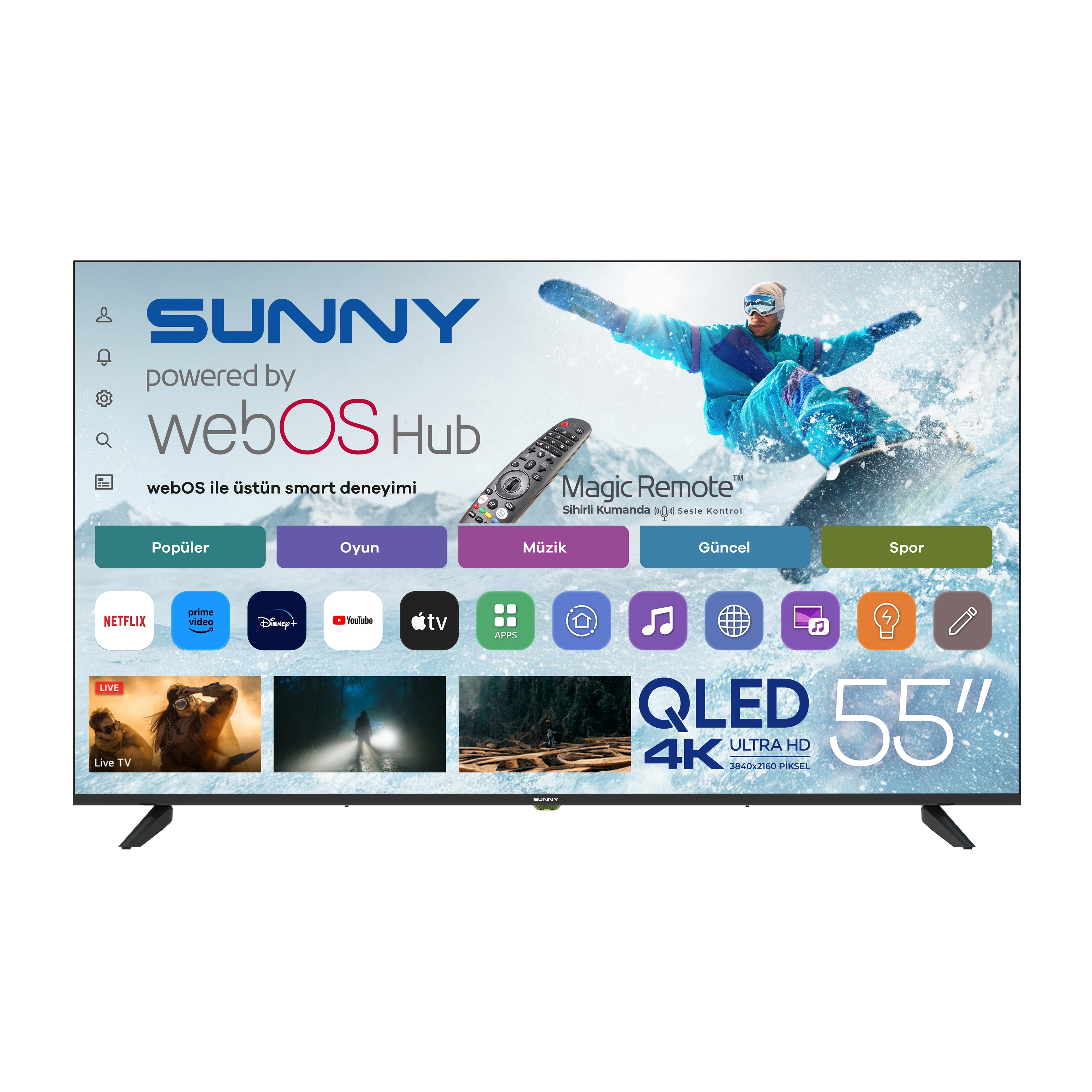 webOS Hub arayüzü, Sihirli Kumanda ve çeşitli uygulama simgeleri olan Sunny 55 inç QLED TV.