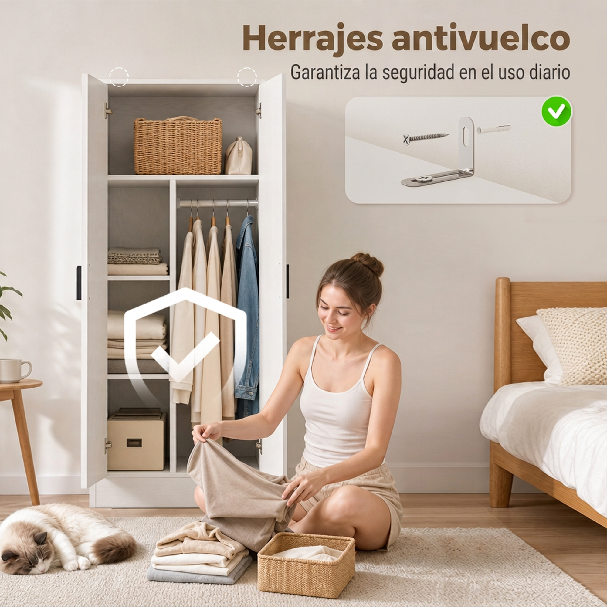 Una mujer dobla ropa en un dormitorio con armario blanco, cama y gato durmiendo en la alfombra.