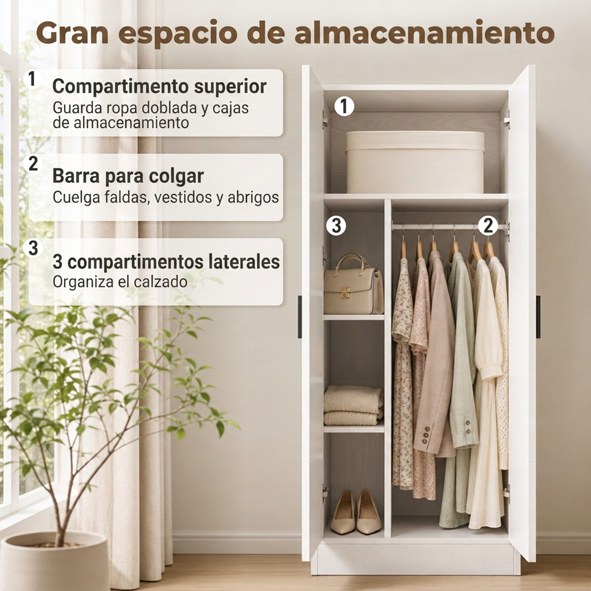 Armario blanco con puertas abiertas, estantes, barra de ropa con vestidos, bolso y zapatos en la parte inferior.