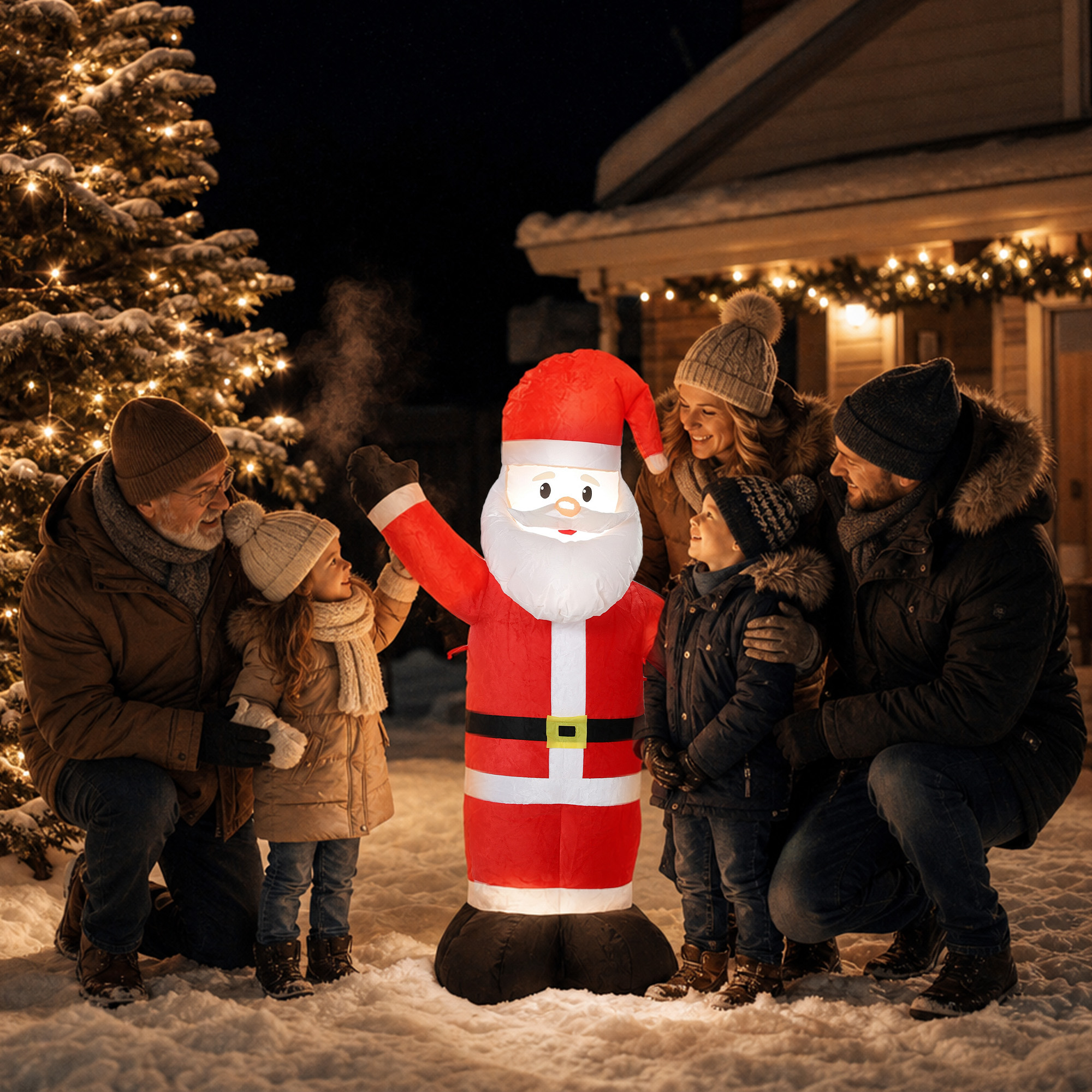 Una familia sonriente posa en la nieve por la noche junto a un Papá Noel inflable y un árbol de Navidad.