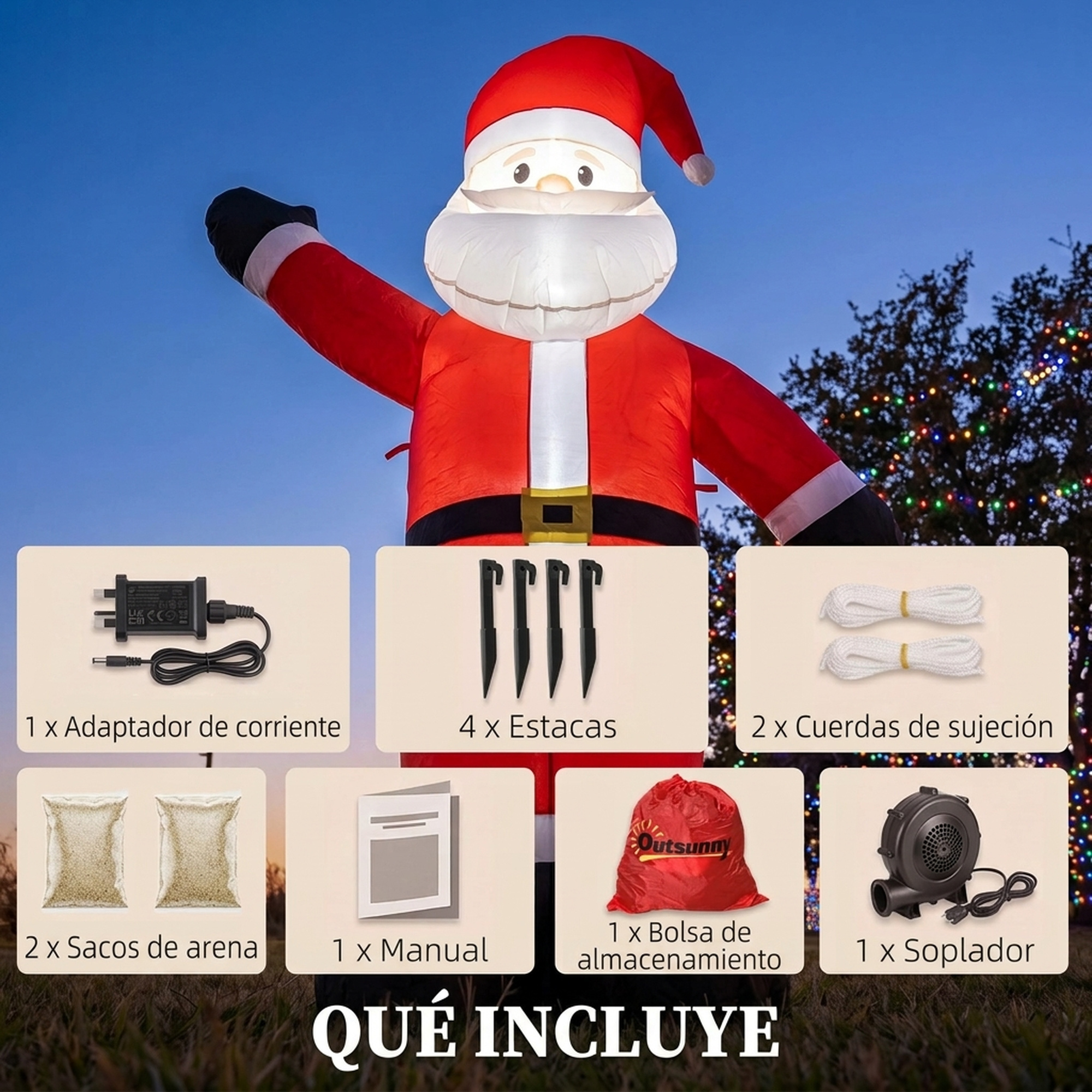 Papá Noel inflable con accesorios como adaptador, estacas, cuerdas, sacos de arena, manual, bolsa y soplador.