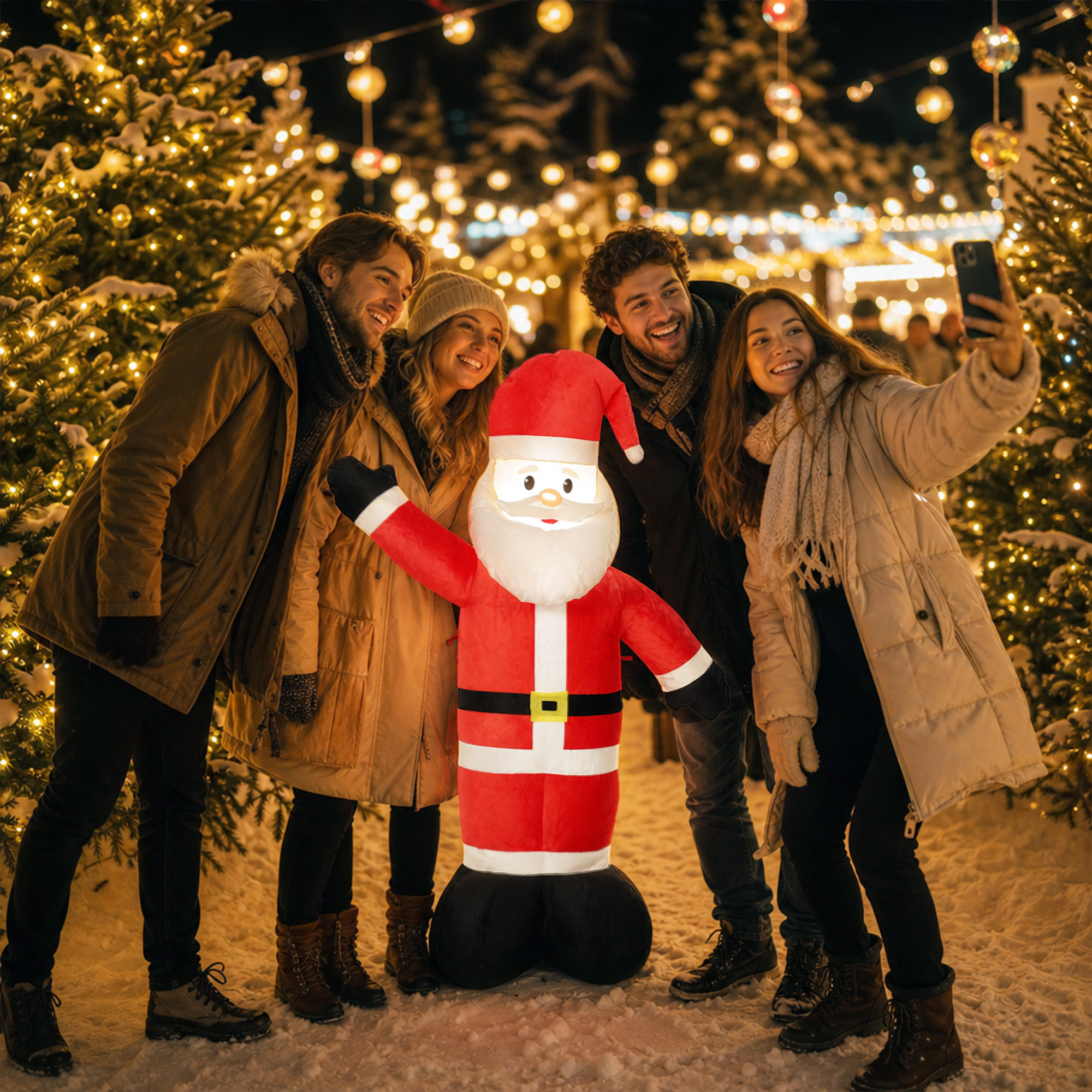 Cuatro amigos sonrientes se toman un selfi con un Papá Noel inflable en la nieve.