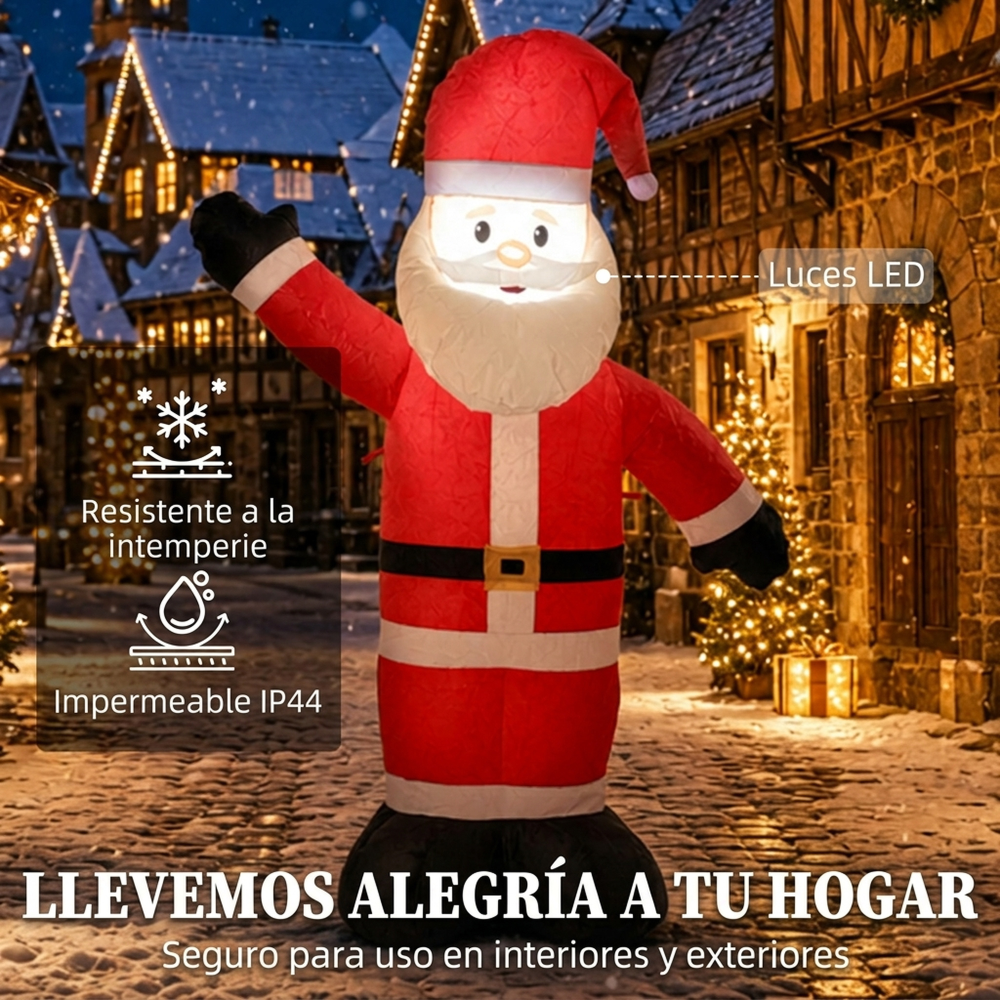 Papá Noel inflable con luces LED frente a un pueblo nevado por la noche.