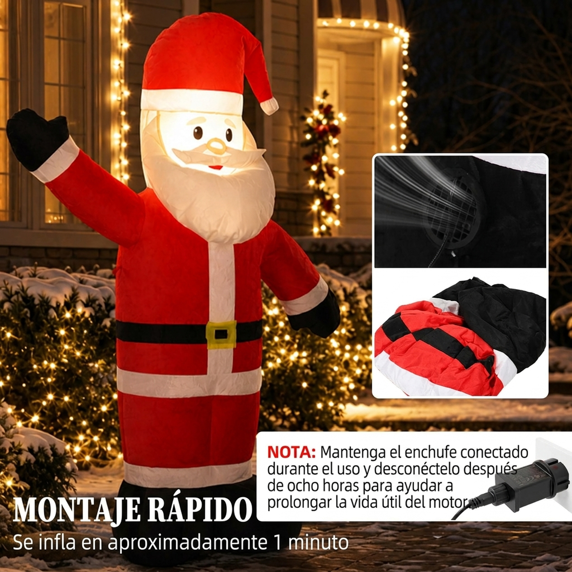 Papa Noel inflable al aire libre con ventilador y adaptador de corriente.