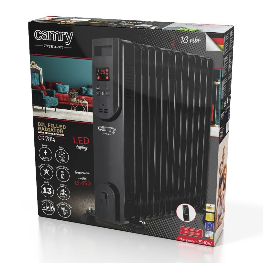 Caja de producto de un radiador de aceite negro Camry Premium con pantalla LED y 2500W.