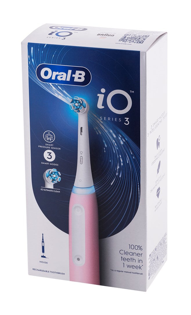 Confezione dello spazzolino elettrico rosa Oral-B iO Serie 3 con immagine.