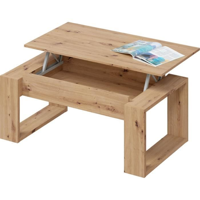 Una mesa de centro de madera clara con tapa elevable y una revista abierta.