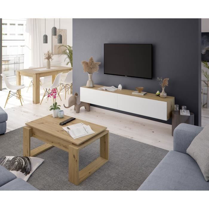 Sala de estar moderna con TV de pared, consola blanca y de madera, mesa de centro y sofá azul.