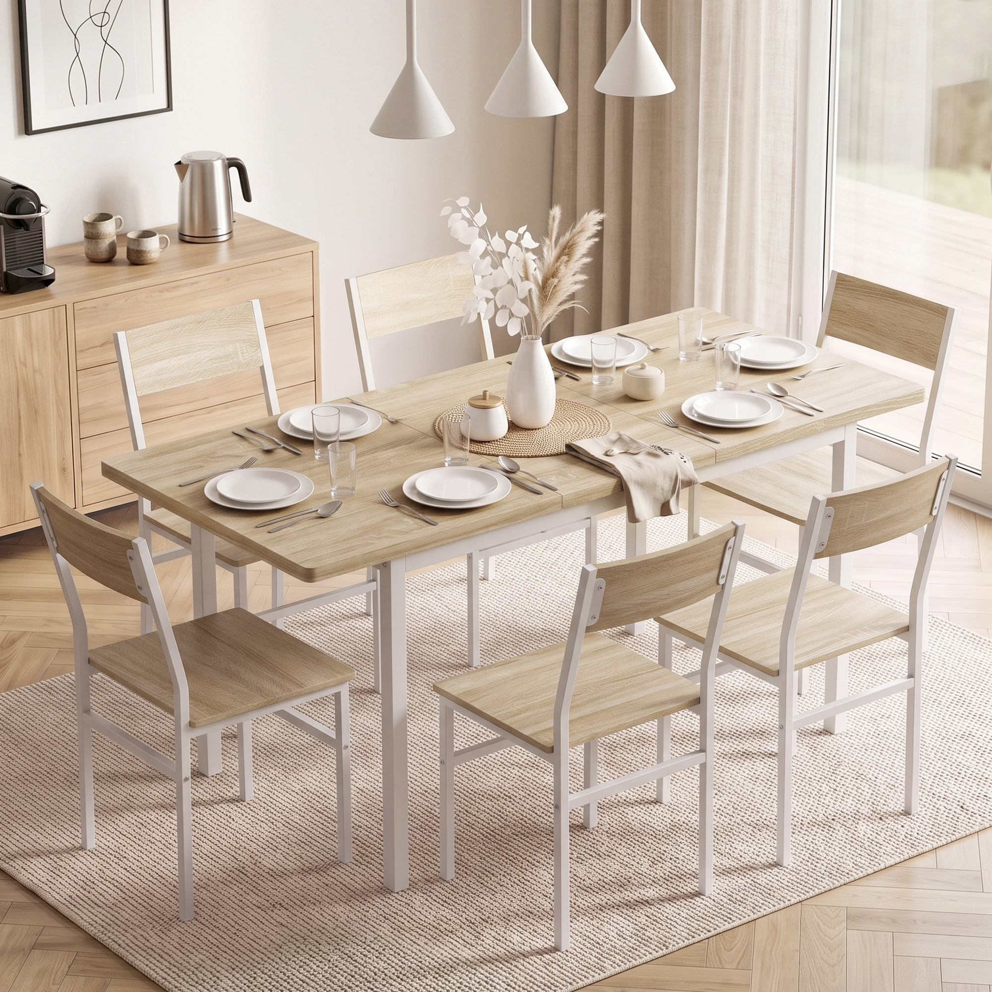 Zona de comedor luminosa con mesa de madera, seis sillas, vajilla y floreros sobre una alfombra.
