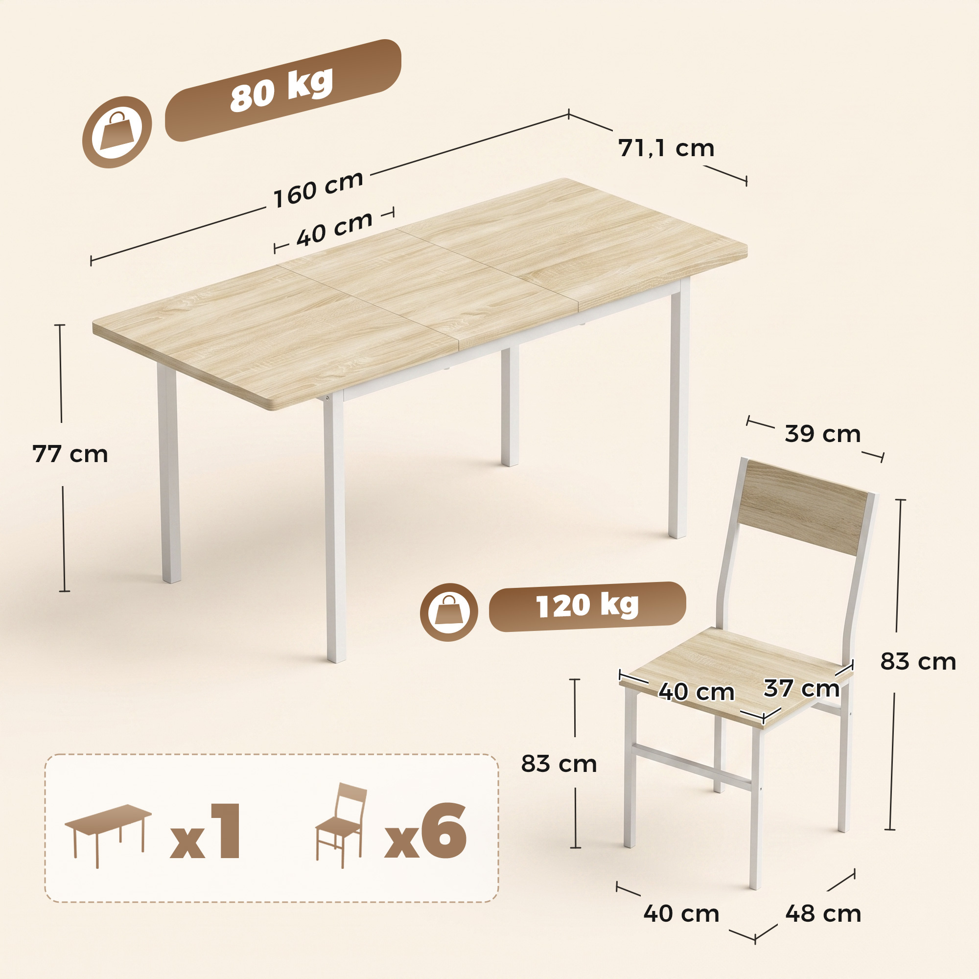 Diagrama de mesa y silla de madera, mostrando dimensiones y límites de peso.