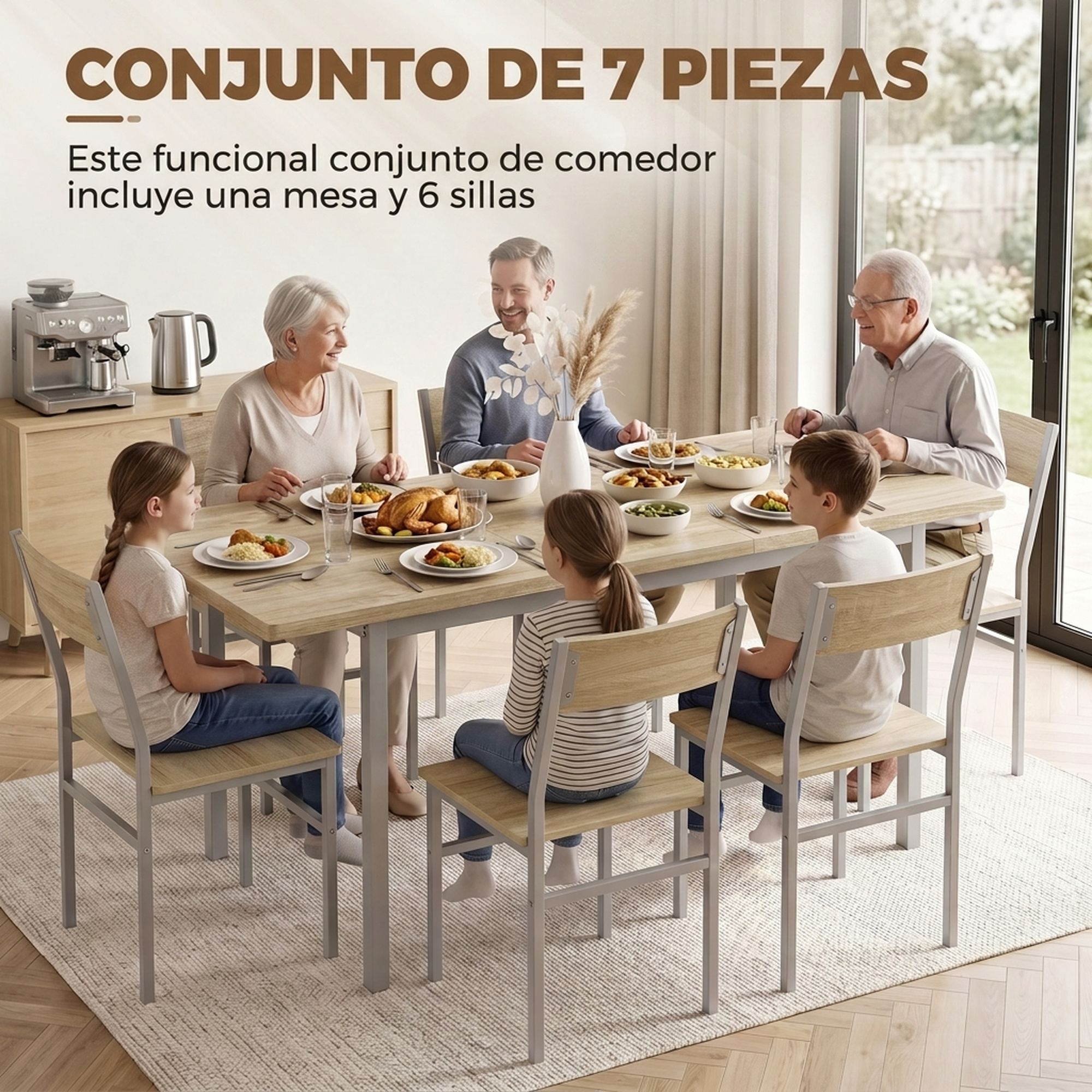 Una familia feliz disfruta de una comida en una mesa de comedor de madera con seis sillas.