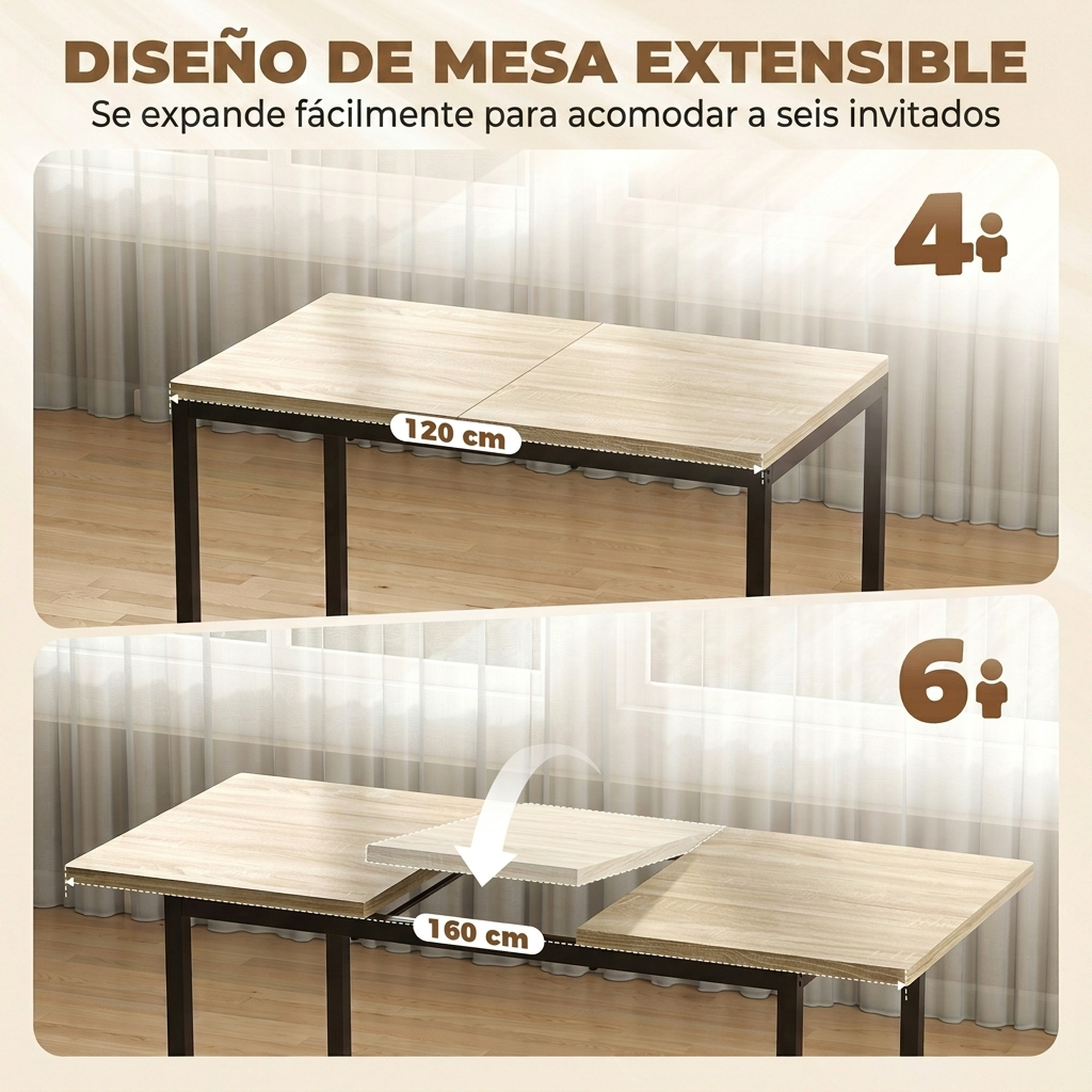 Demostración de cómo extender una mesa de madera de 120 cm a 160 cm para seis personas.