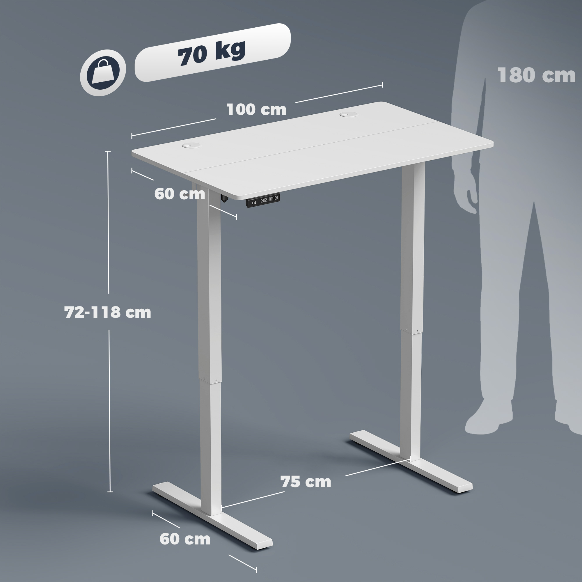 Diagrama de un escritorio de altura ajustable con medidas y una capacidad de peso de 70 kg.