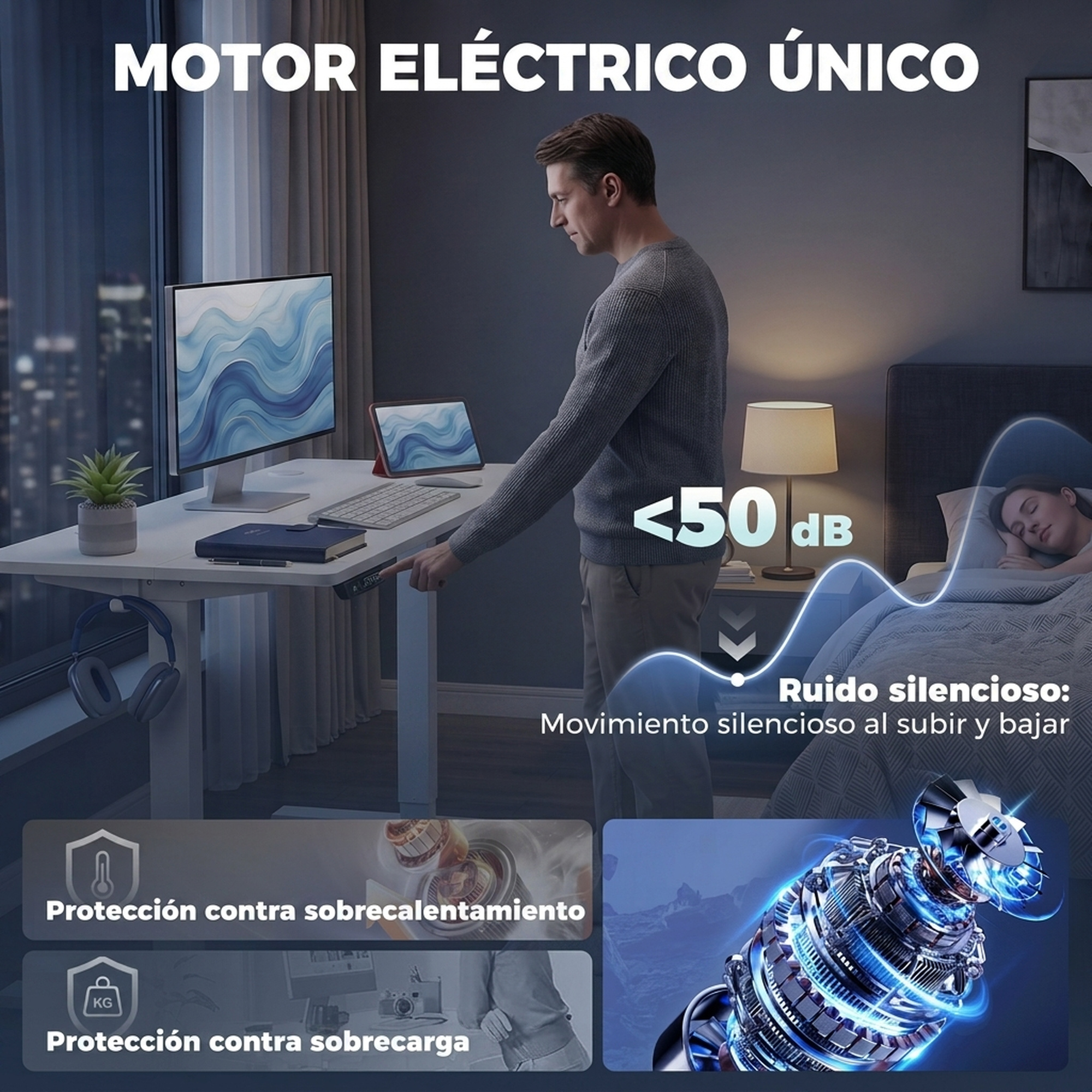 Un hombre ajusta un escritorio elevable en un dormitorio mientras alguien duerme en la cama.