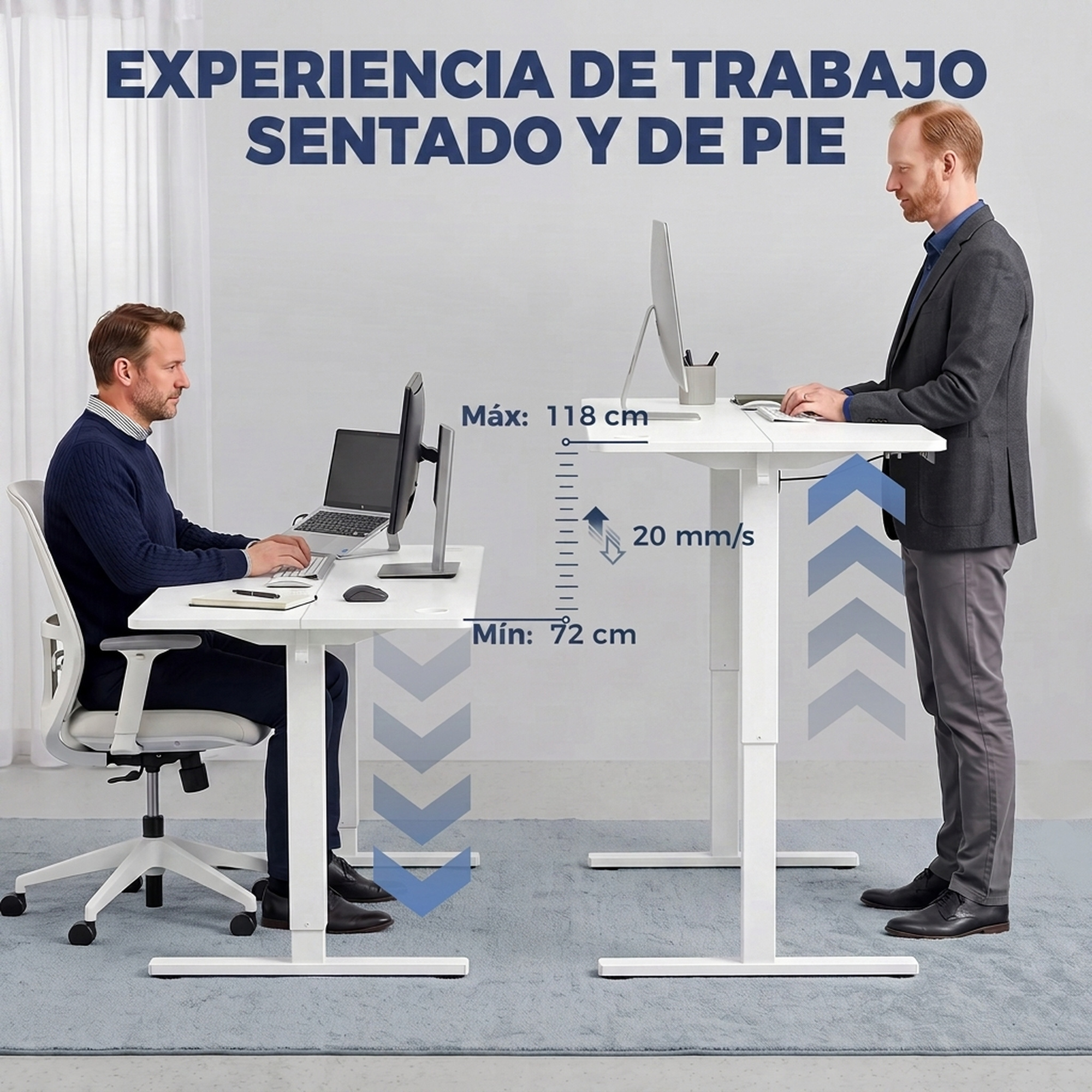 Un hombre está sentado en un escritorio ajustable y otro trabaja de pie.