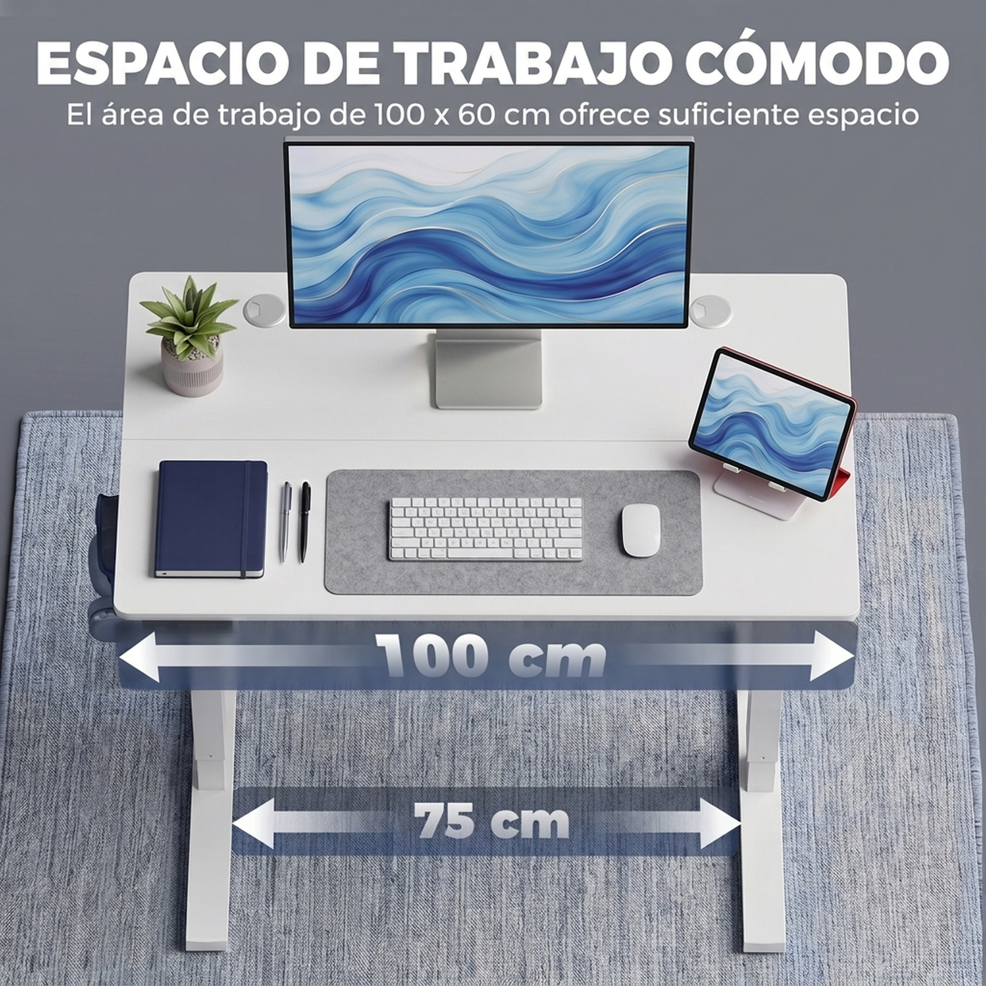 Un escritorio blanco con monitor, teclado, ratón, tablet y planta sobre una alfombra azul.