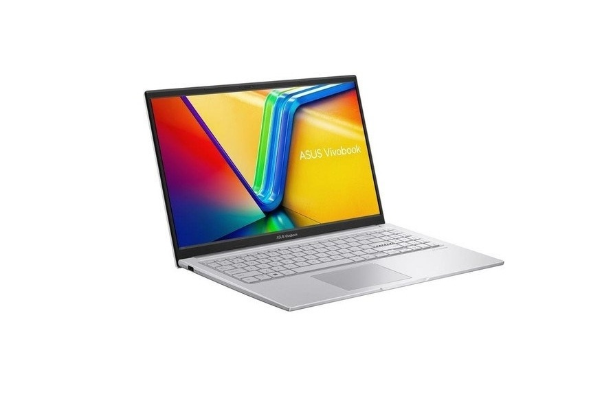 Beyaz arka planda renkli, soyut bir ekrana sahip açık, gümüş renkli bir ASUS Vivobook dizüstü bilgisayar.
