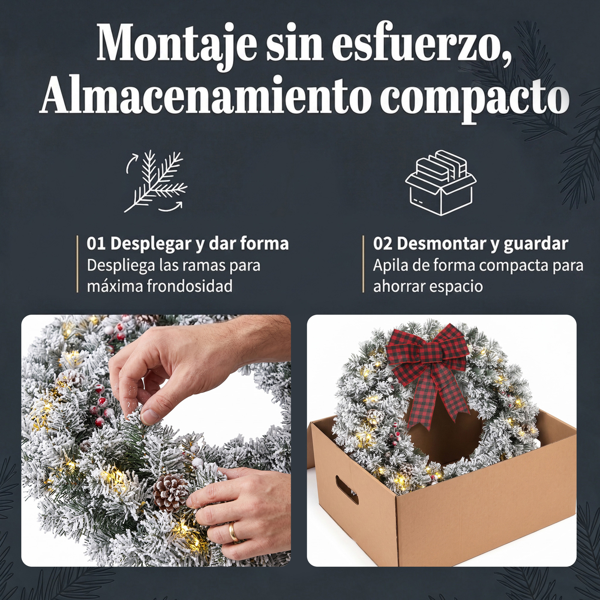 Instrucciones para montar y guardar de forma compacta una corona de Navidad artificial nevada con bayas rojas.