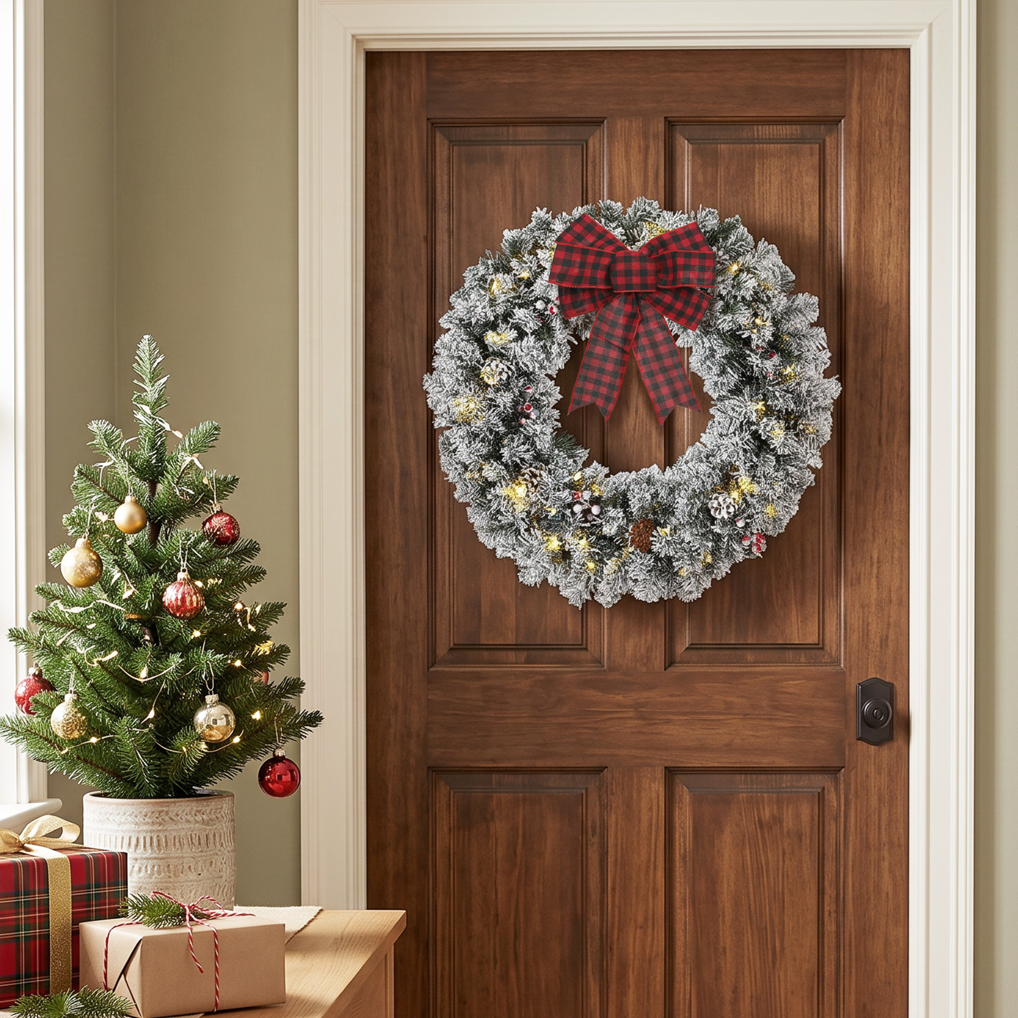 Una corona de Navidad nevada con un lazo rojo en una puerta de madera, junto a un árbol pequeño.
