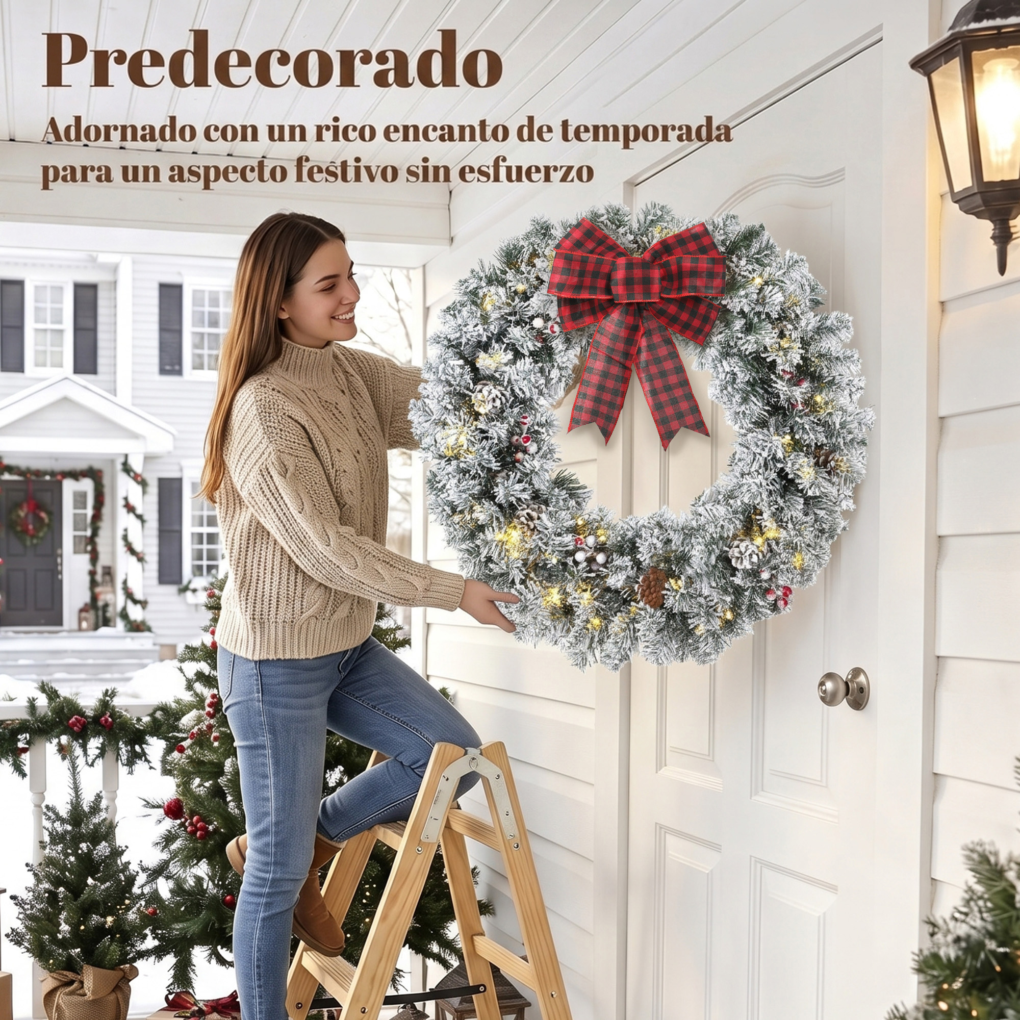 Una mujer en una escalera cuelga una gran corona navideña nevada con un lazo rojo en una puerta principal blanca.