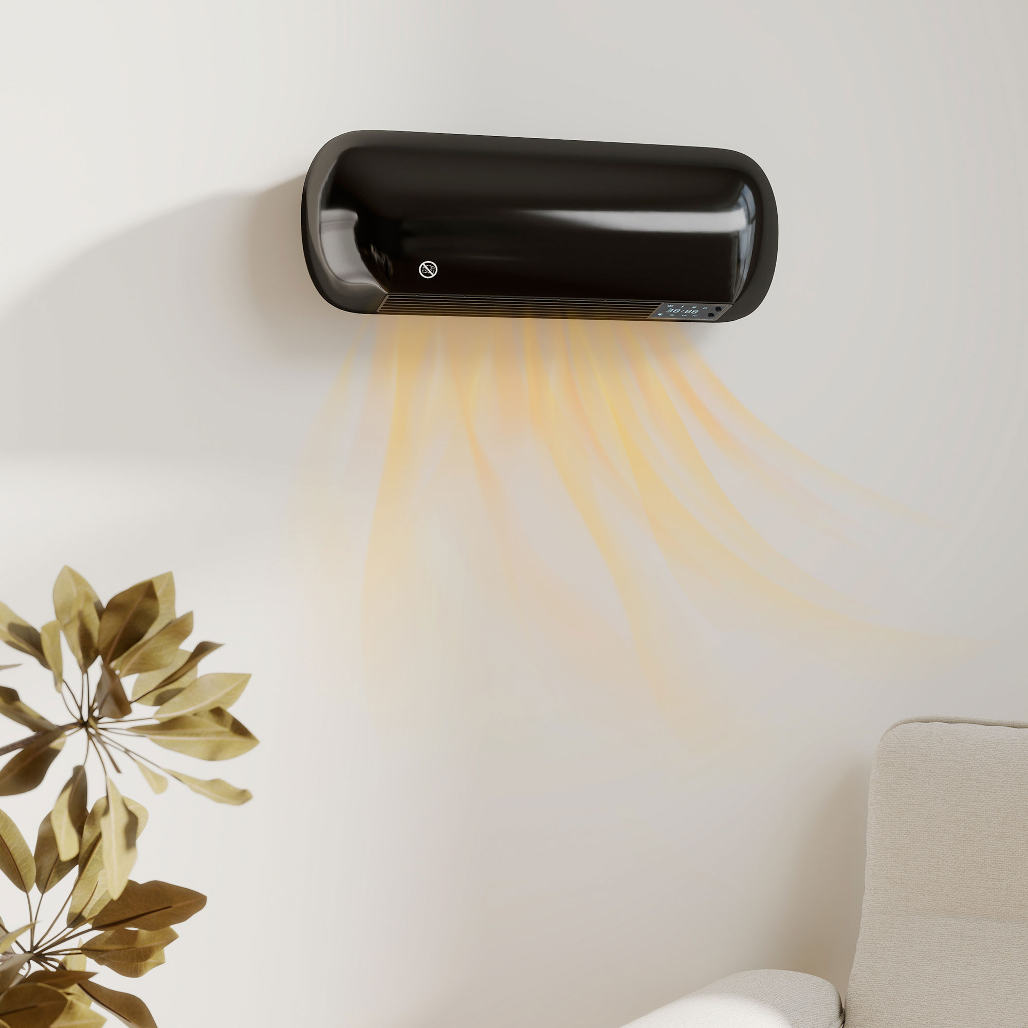 Un calefactor negro montado en la pared emite ondas cálidas naranjas, con una planta y sillón abajo.