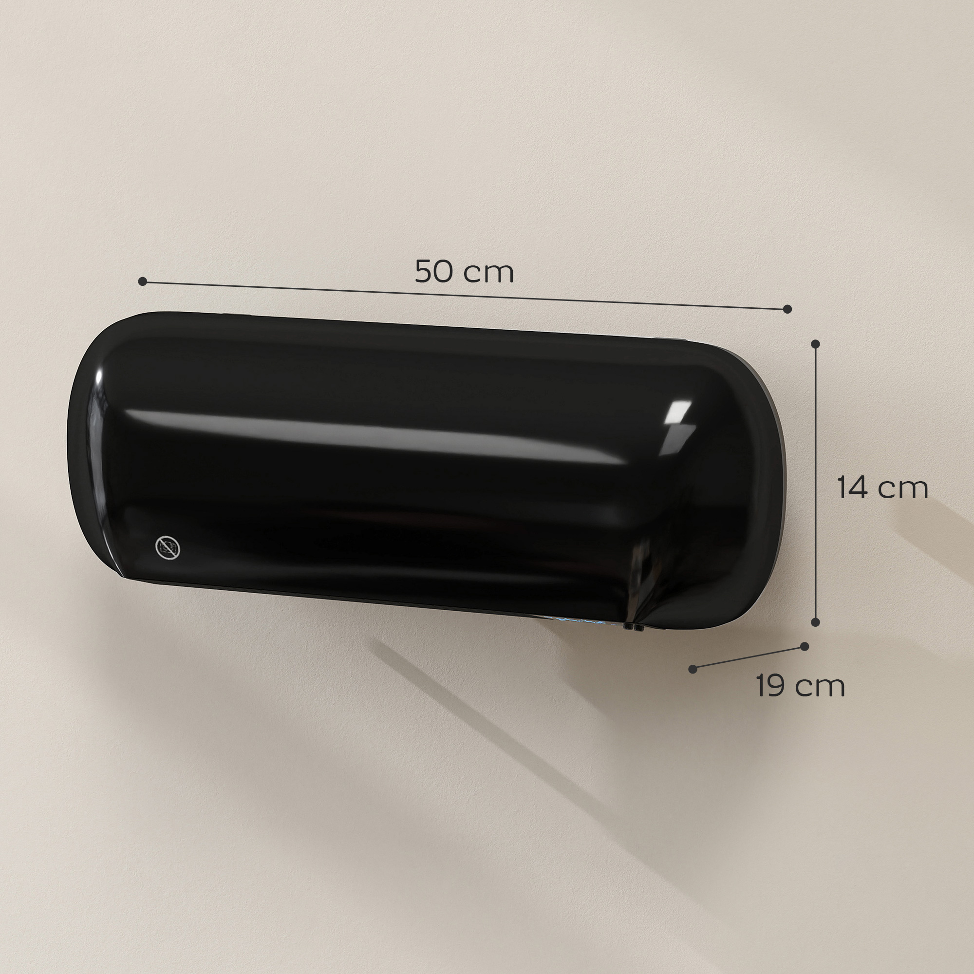 Secador de manos negro montado en la pared con dimensiones de 50 cm de ancho, 14 cm de alto y 19 cm de profundidad.