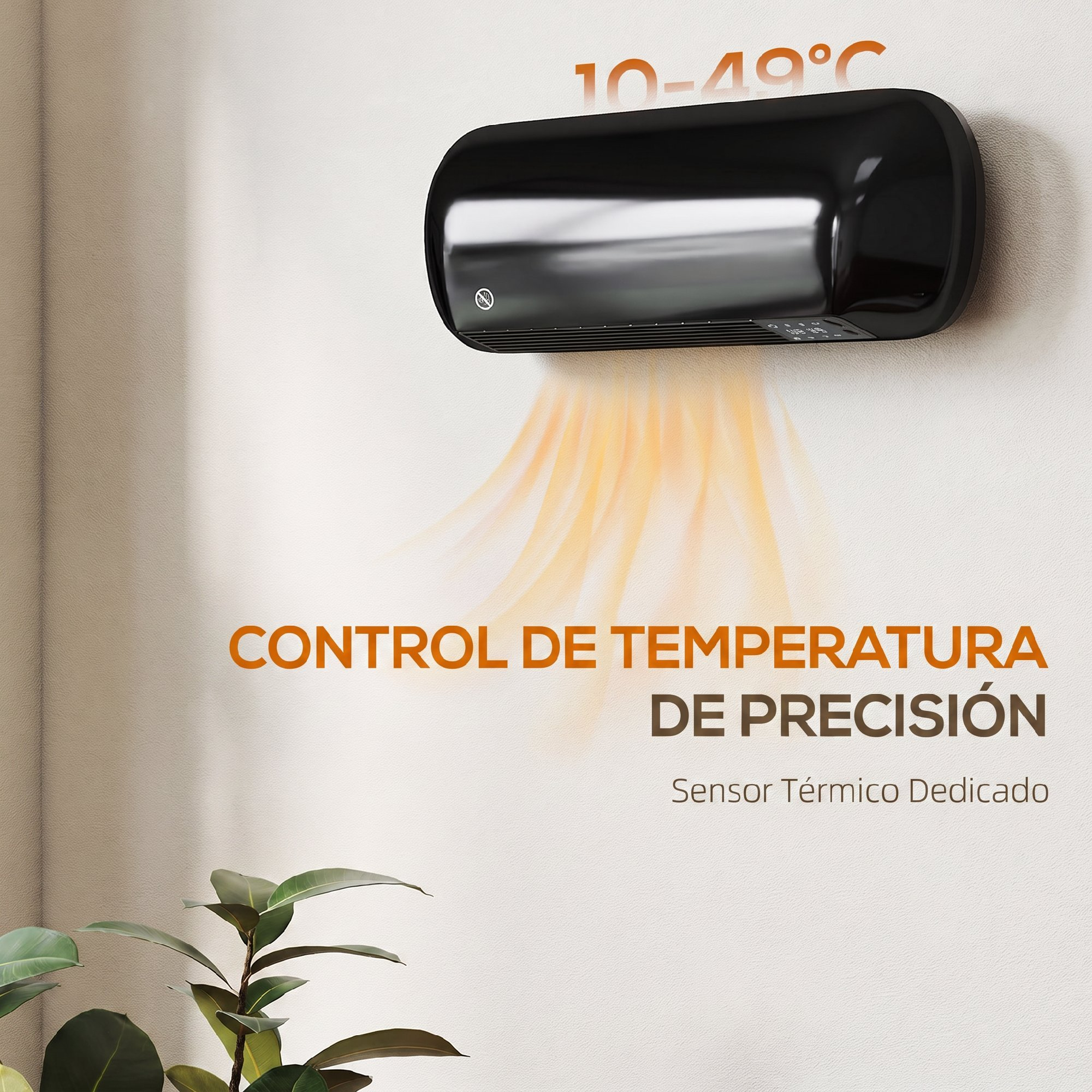 Un calefactor de pared negro emite aire cálido, con texto de control de temperatura.