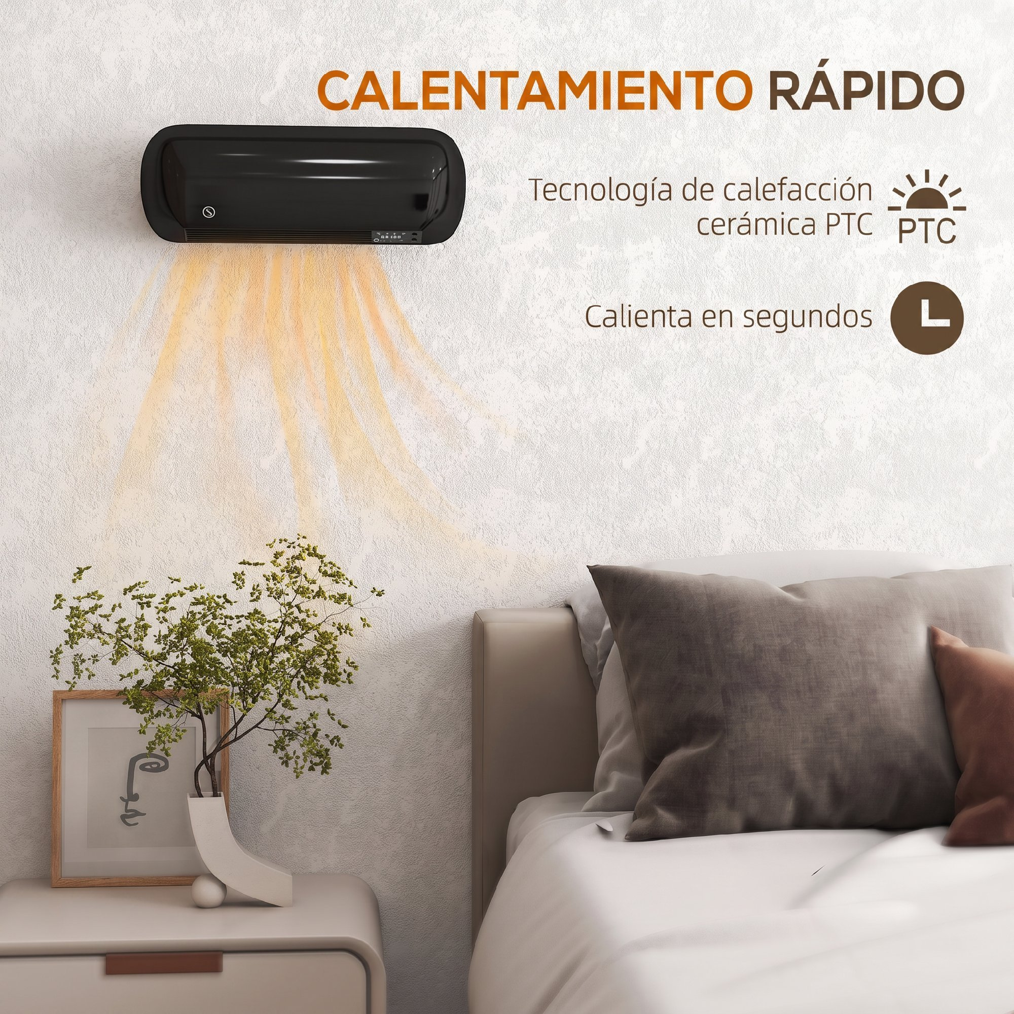 Calefactor de pared en un dormitorio con texto e iconos de tecnología PTC.