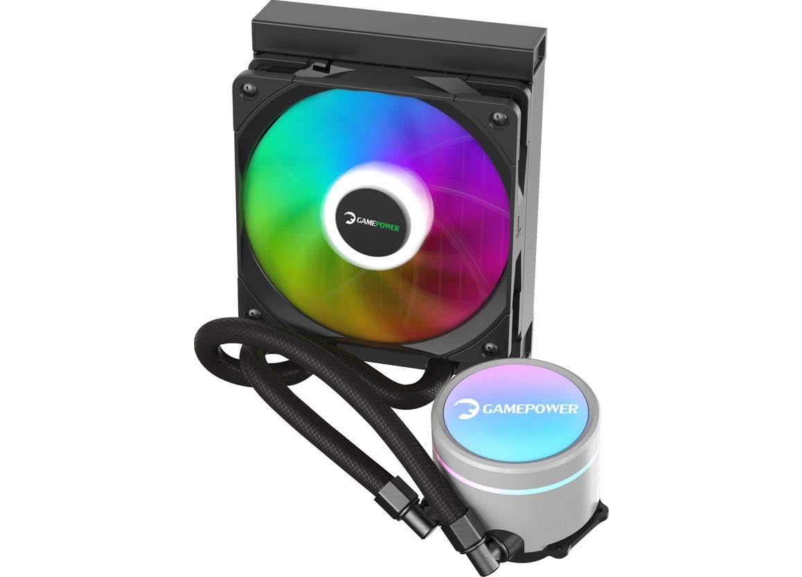 Beyaz arka planda RGB fanlı, radyatörlü ve parlayan pompalı siyah Gamepower sıvı CPU soğutucusu.