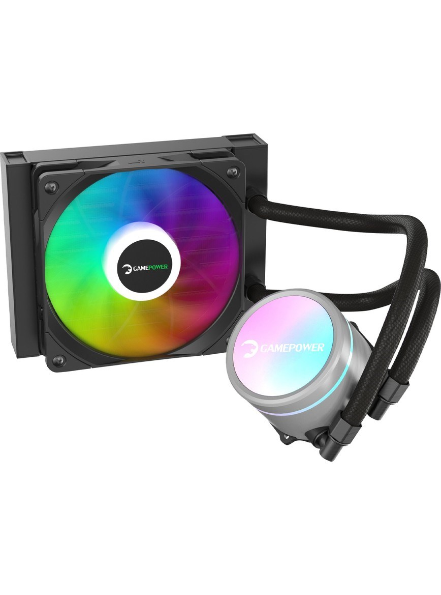 RGB fanlı ve ışıklı pompa bloklu siyah Gamepower sıvı CPU soğutucusu.