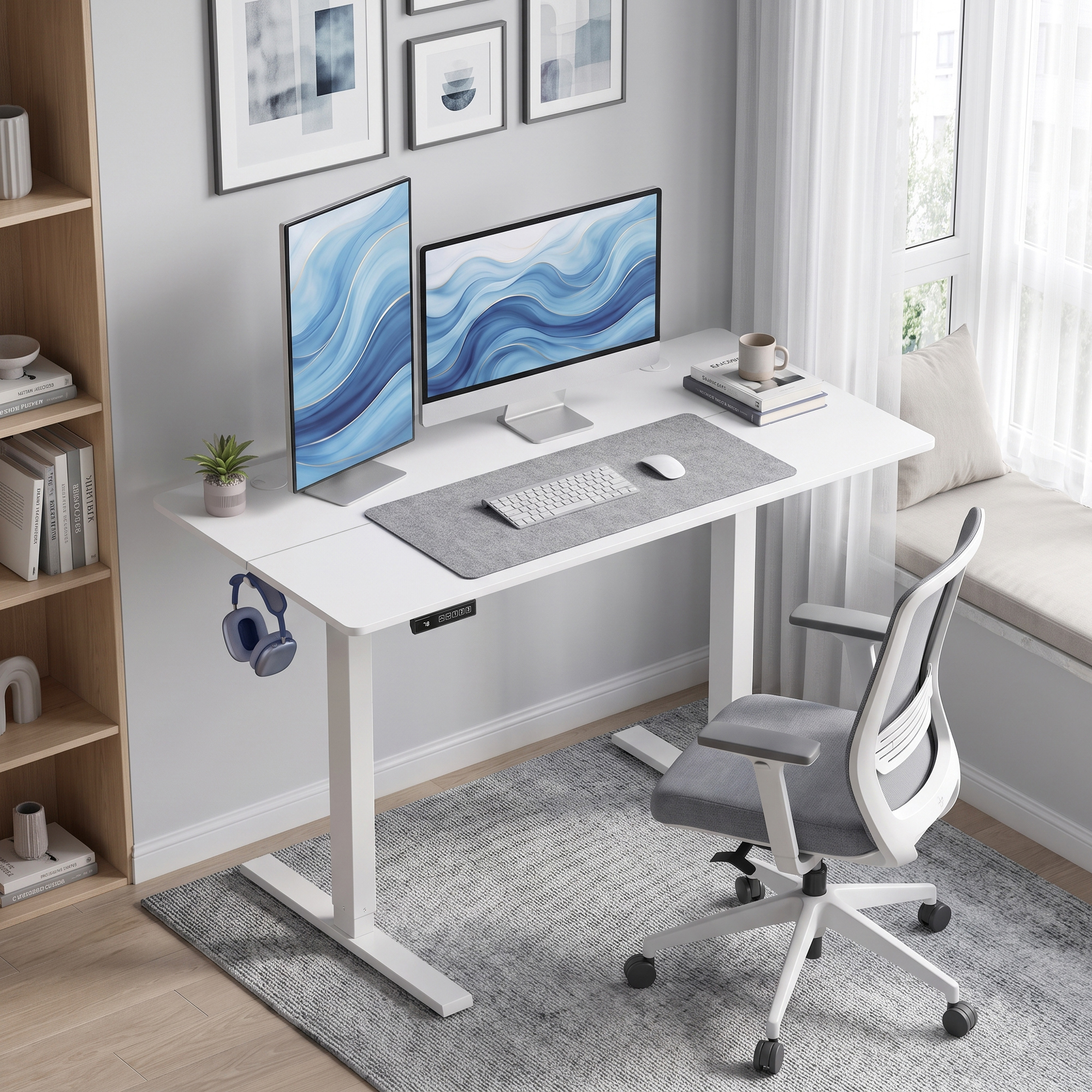Oficina moderna y luminosa con dos monitores, escritorio blanco, silla gris y alfombra a juego.