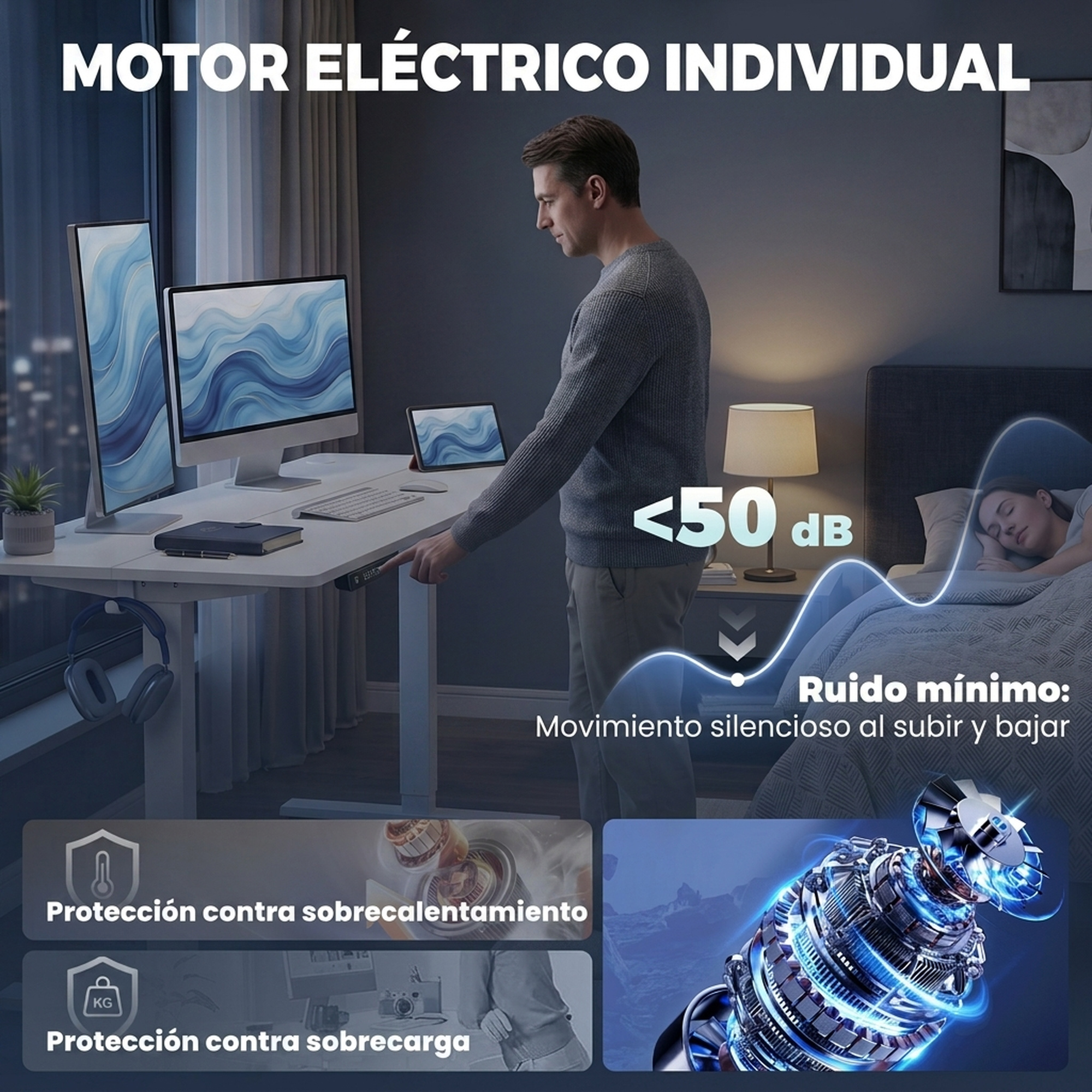 Un hombre ajusta un escritorio elevable en un dormitorio silencioso mientras alguien duerme.