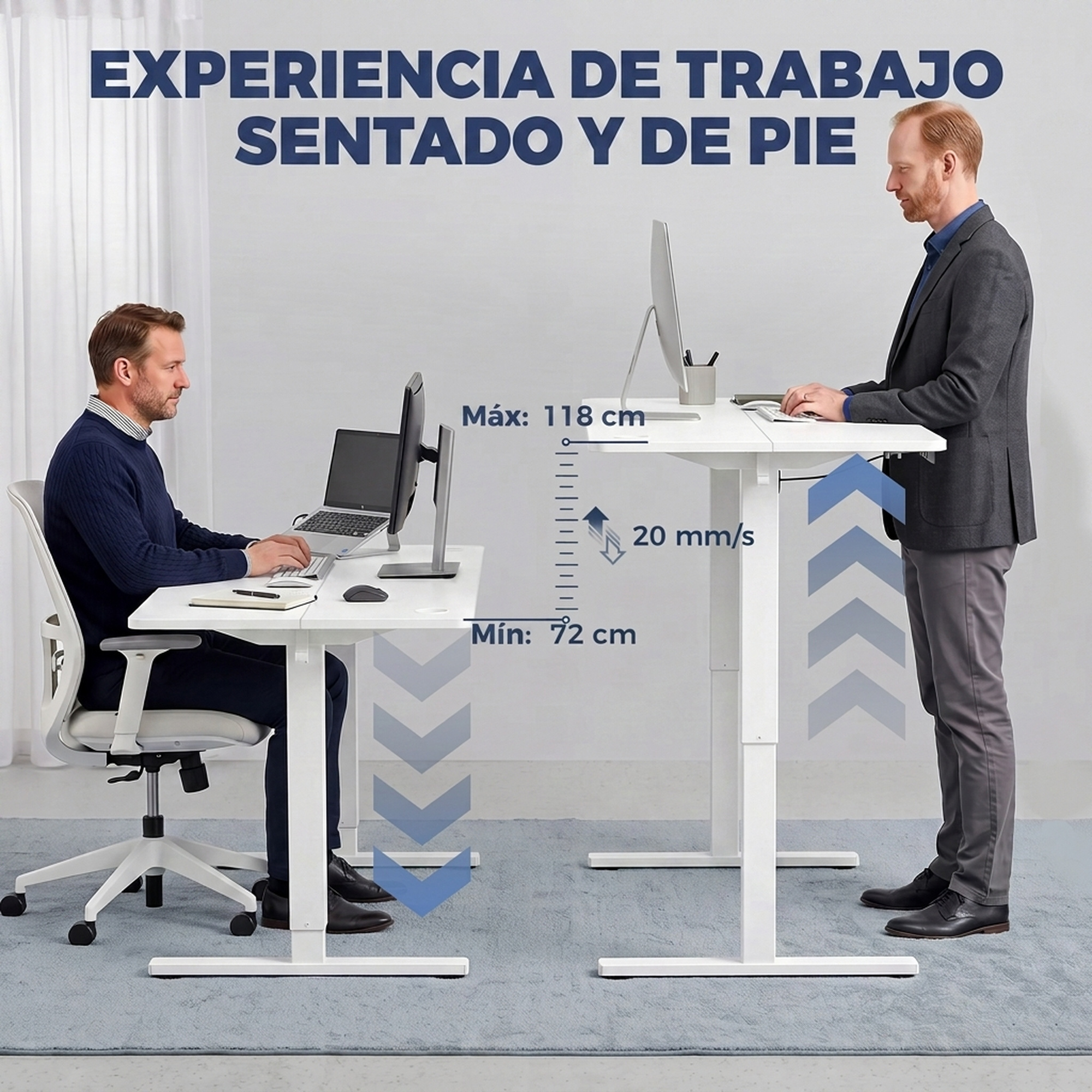 Un hombre sentado en un escritorio bajo y otro de pie en uno alto, mostrando una mesa ajustable.