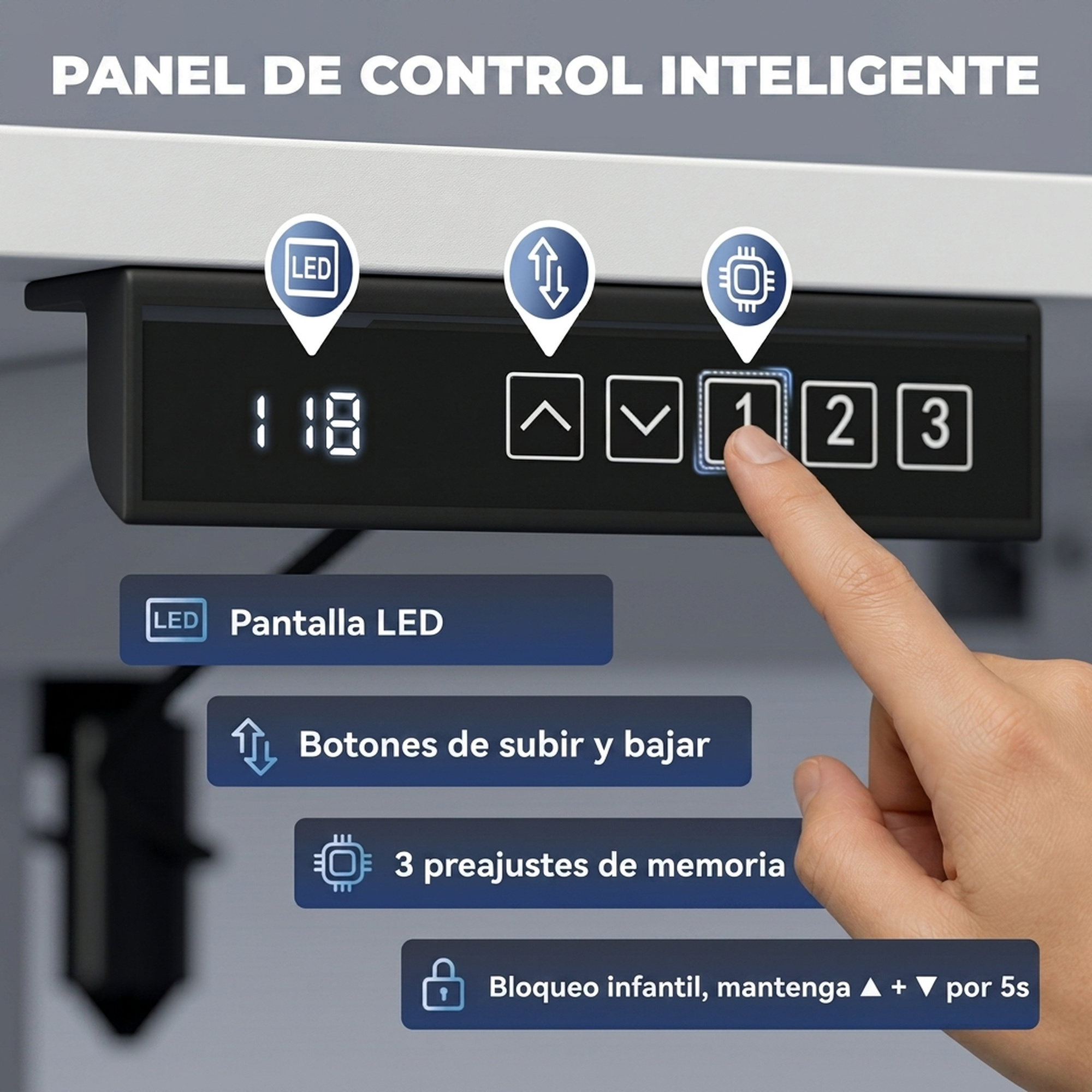 Un dedo presiona el botón uno en un panel de control inteligente negro con pantalla LED y botones de memoria.