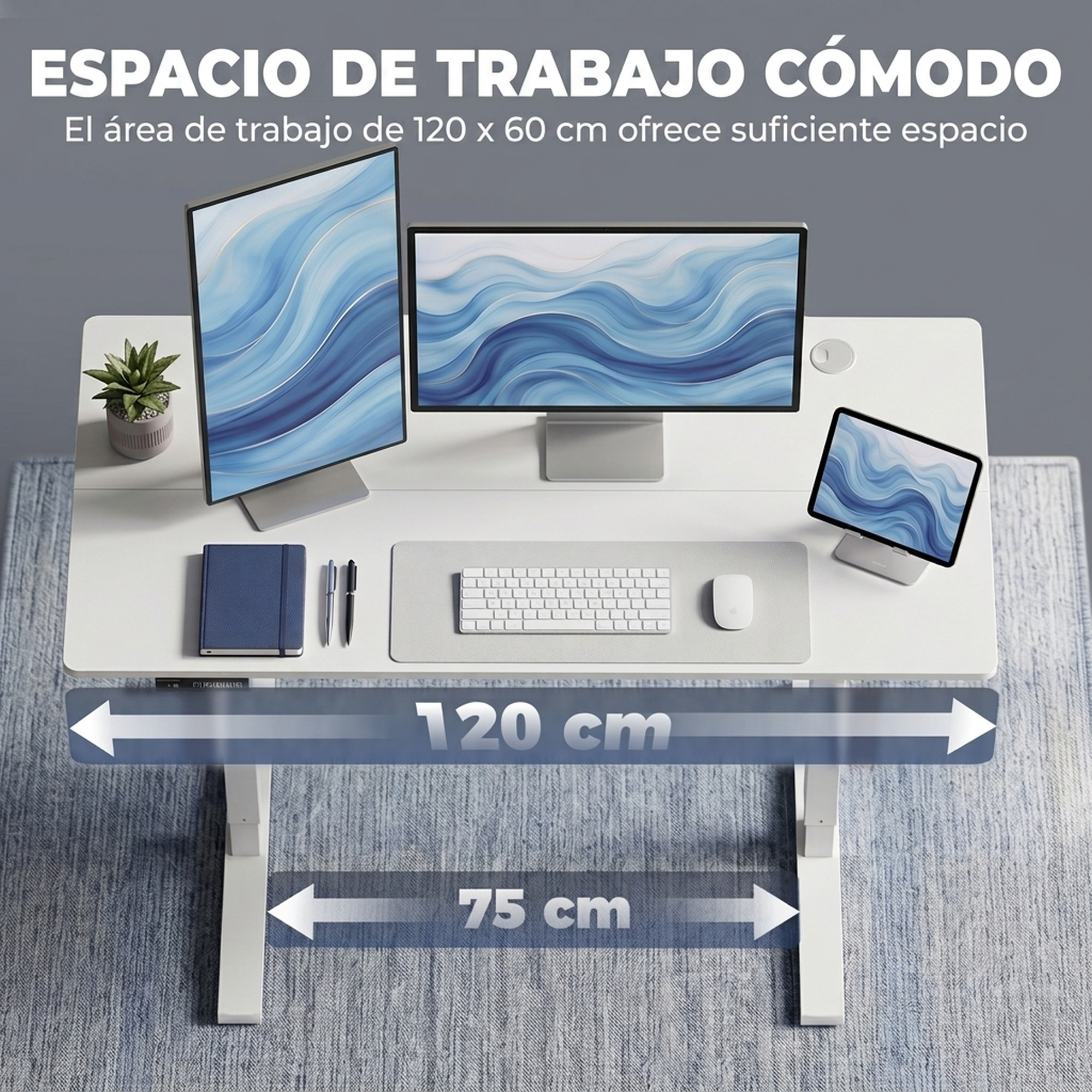 Un escritorio blanco con dos monitores, teclado, ratón, una tableta y un cuaderno.