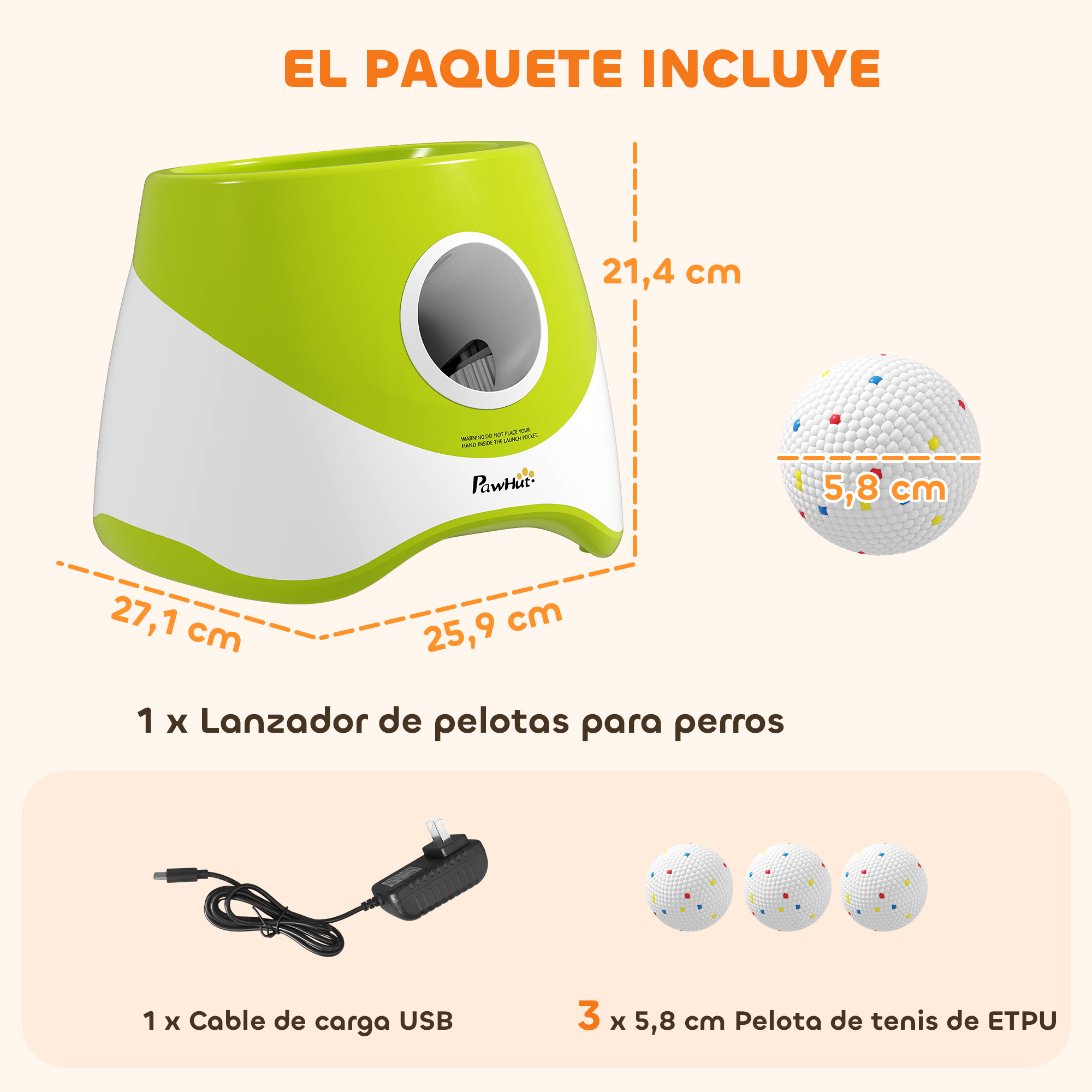 Lanzador de pelotas para perros verde y blanco con dimensiones, cable USB y tres pelotas.