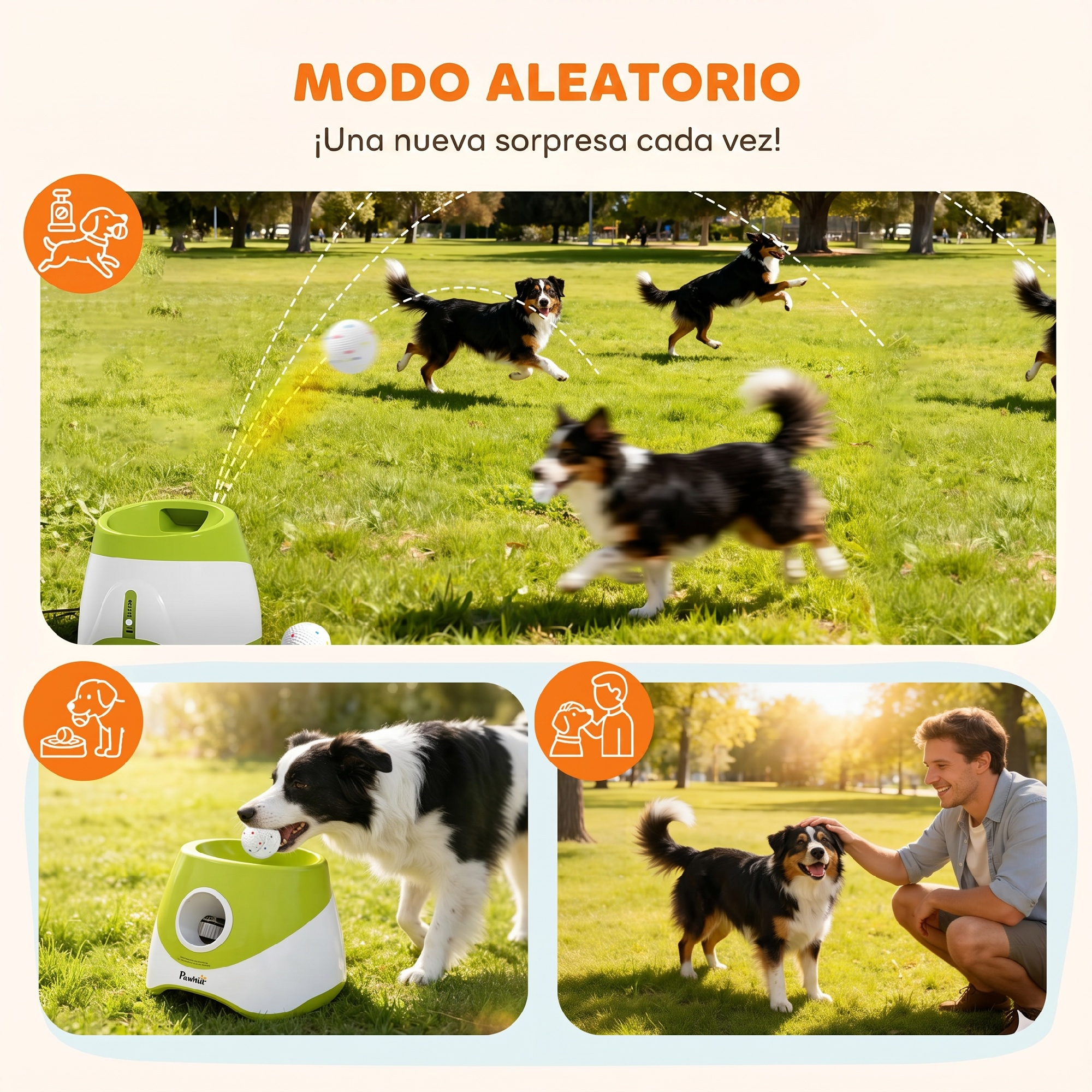 Un lanzador automático de pelotas en un parque verde con perros jugando y un hombre acariciando a un perro.