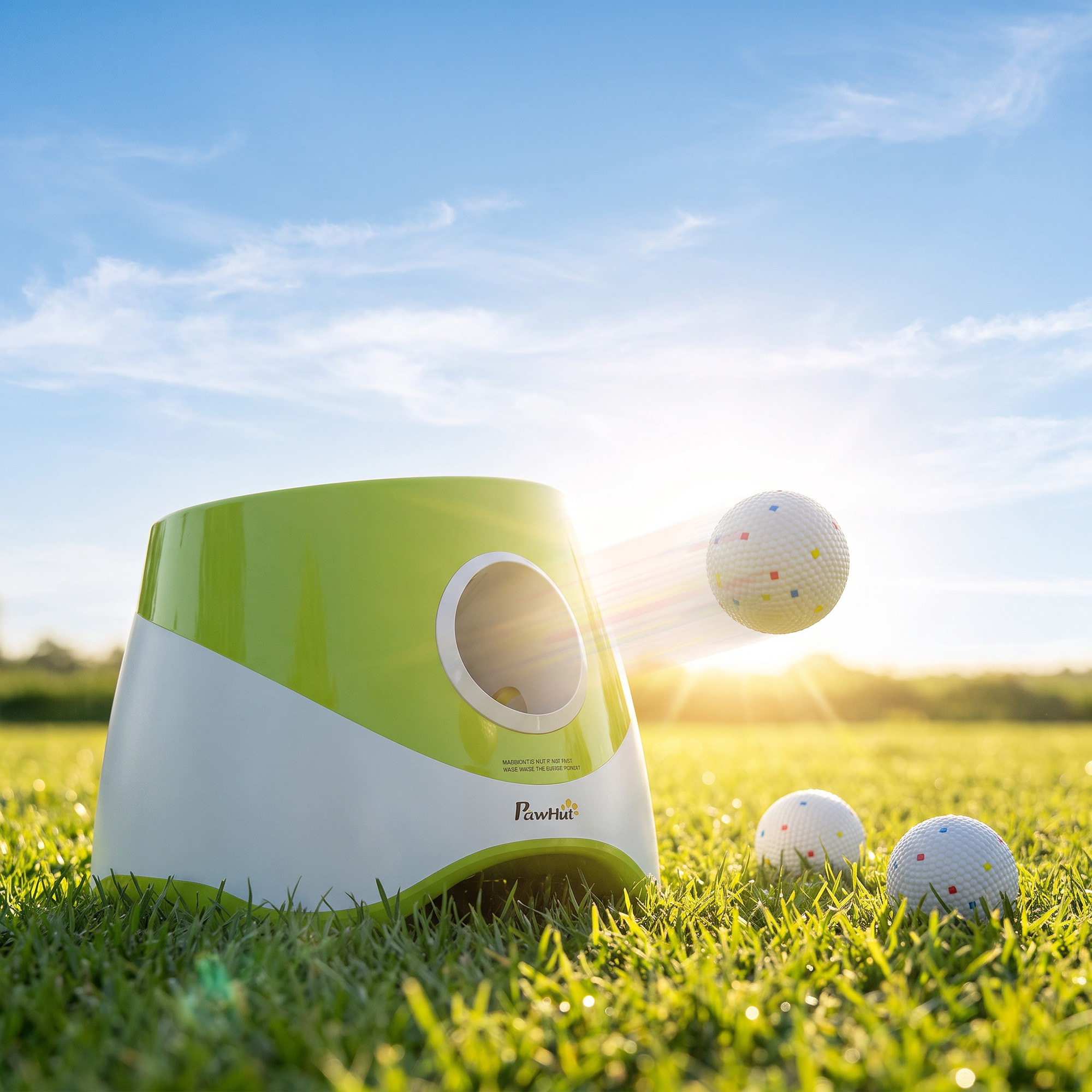 Un lanzador de pelotas verde en un campo de césped dispara una pelota colorida hacia el cielo brillante.
