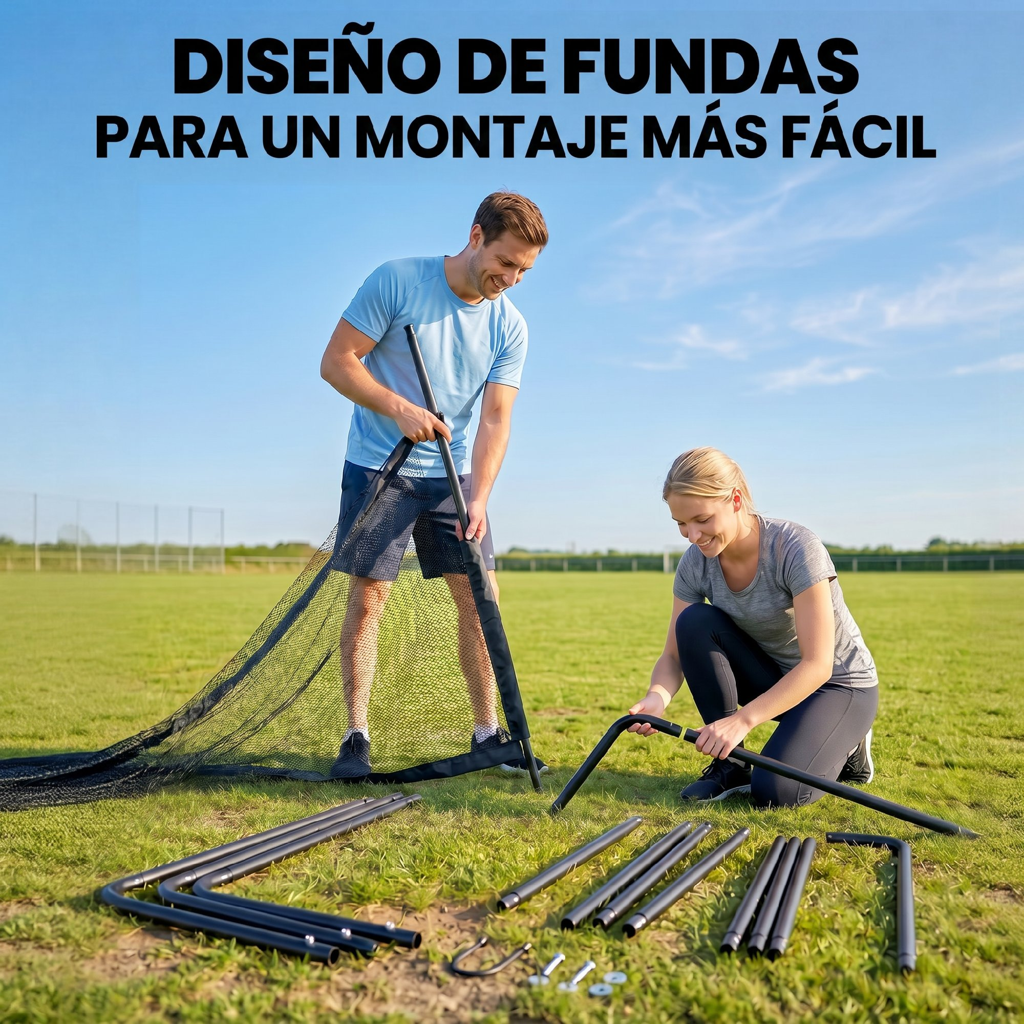 Un hombre y una mujer montan una red deportiva en un campo de césped.