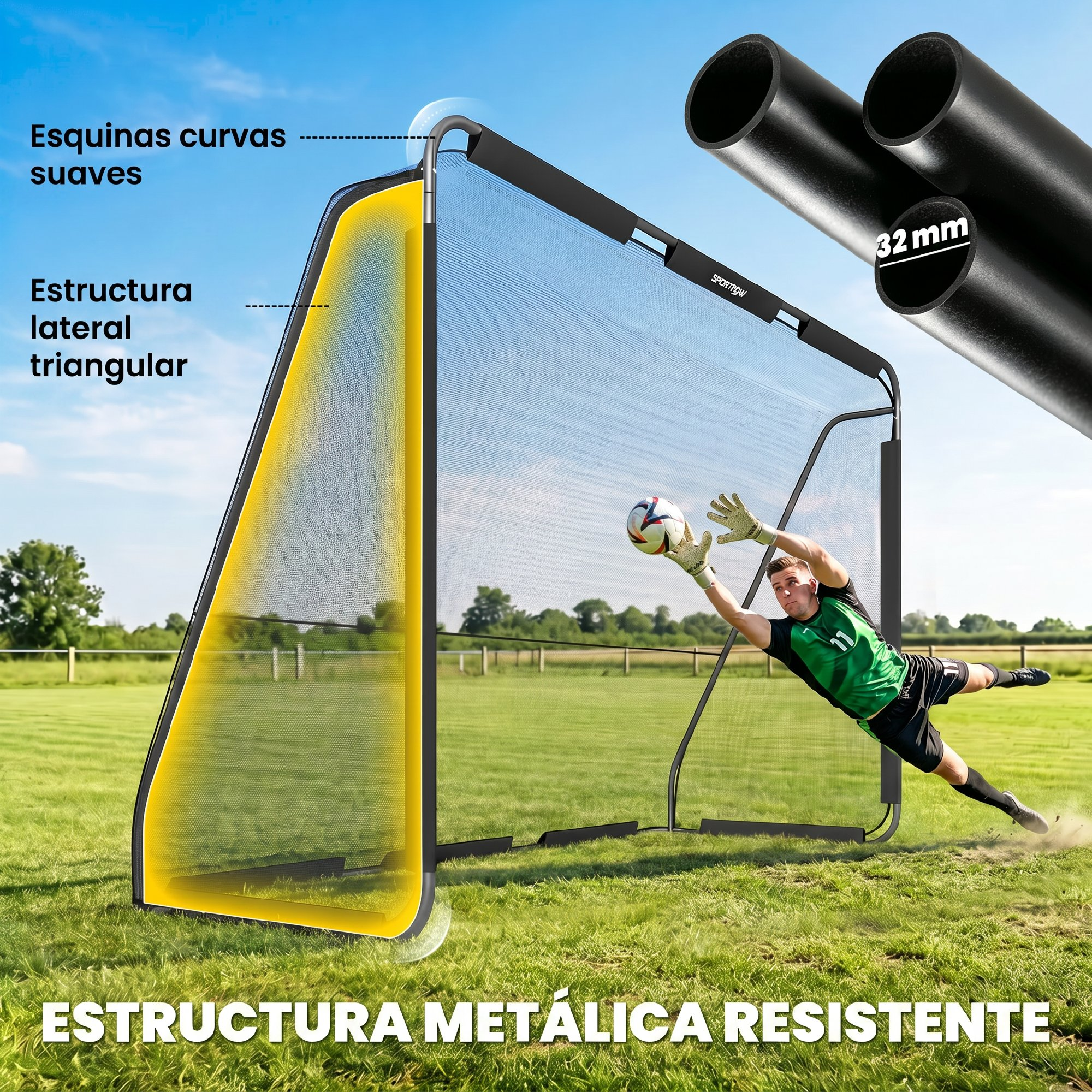 Un portero se estira para atrapar un balón junto a una red de rebote.