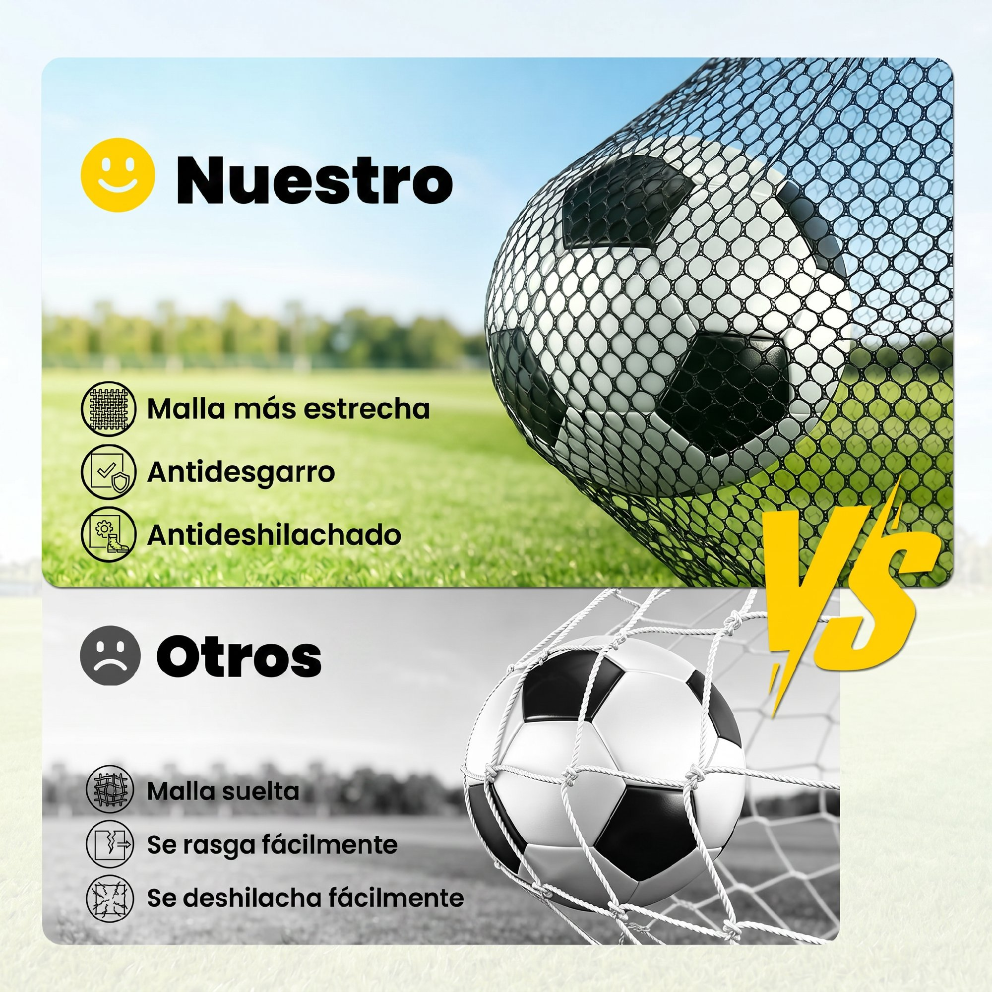 Comparación de dos redes de fútbol: una red fuerte de malla estrecha frente a una red débil de malla suelta.
