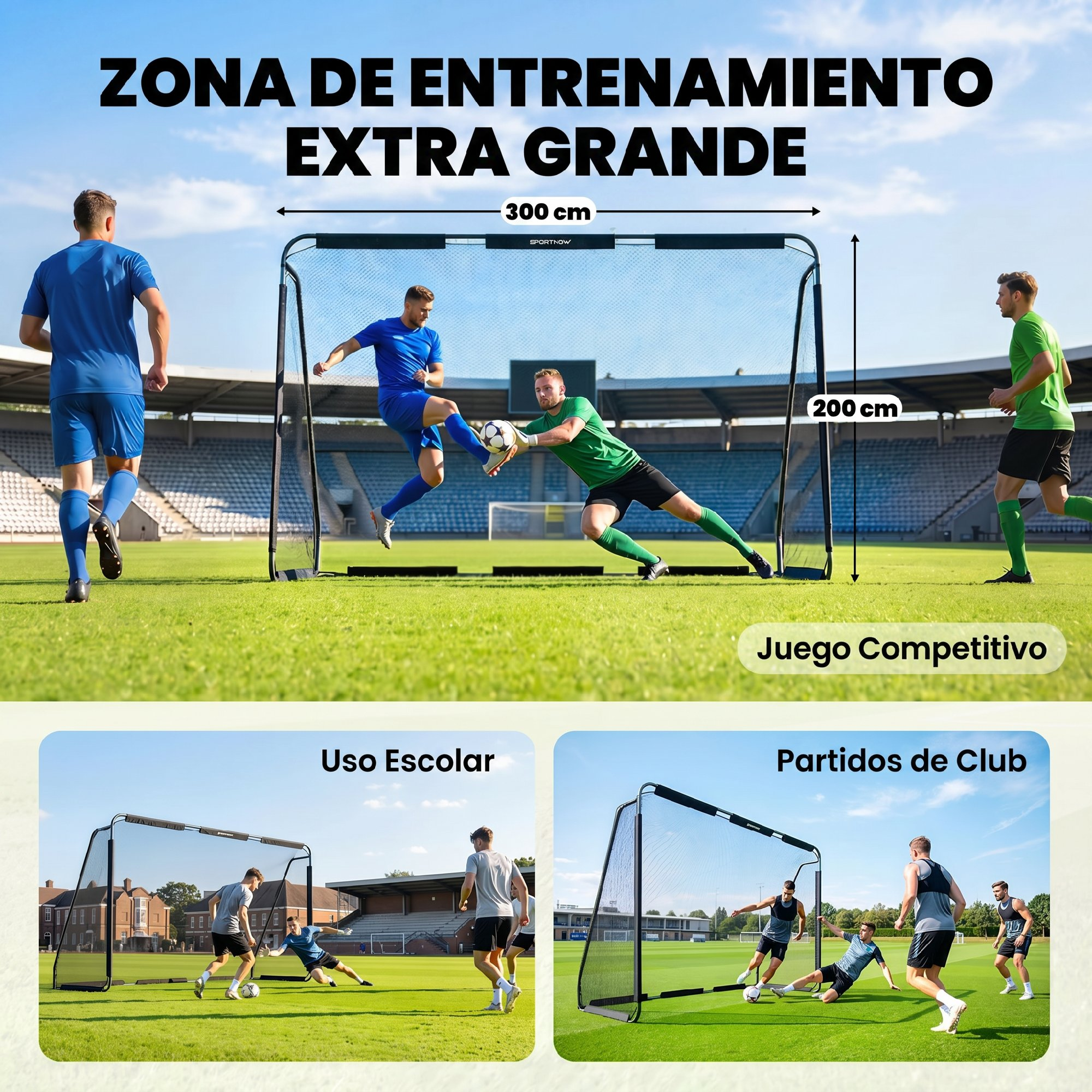 Jugadores de fútbol en un campo con una gran portería y medidas.