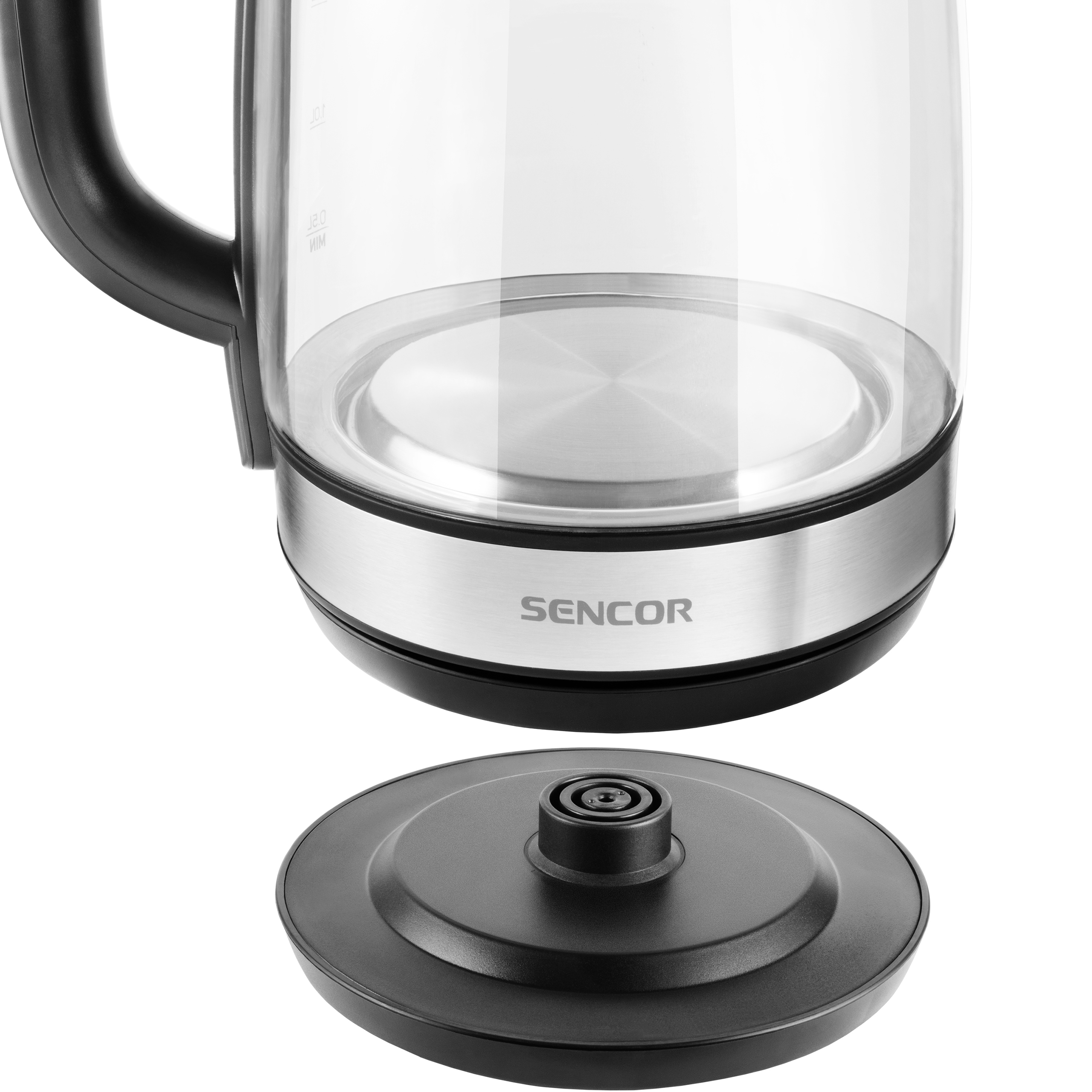 Bouilloire en verre Sencor au-dessus de sa base ronde noire.